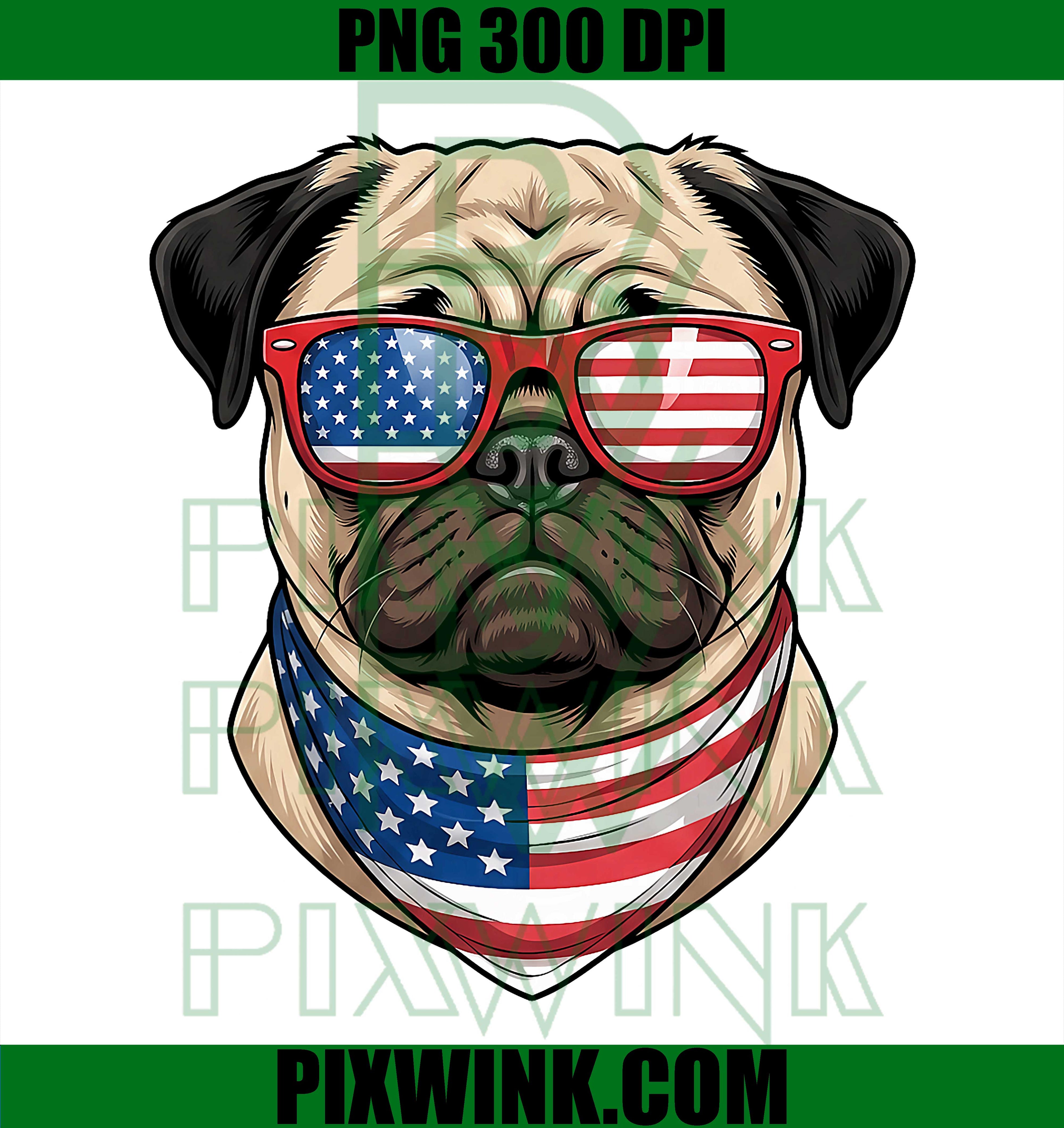 Cute Pug USA Flag Sunglasses PNG, Women Men 4th Of July Graphic PNG