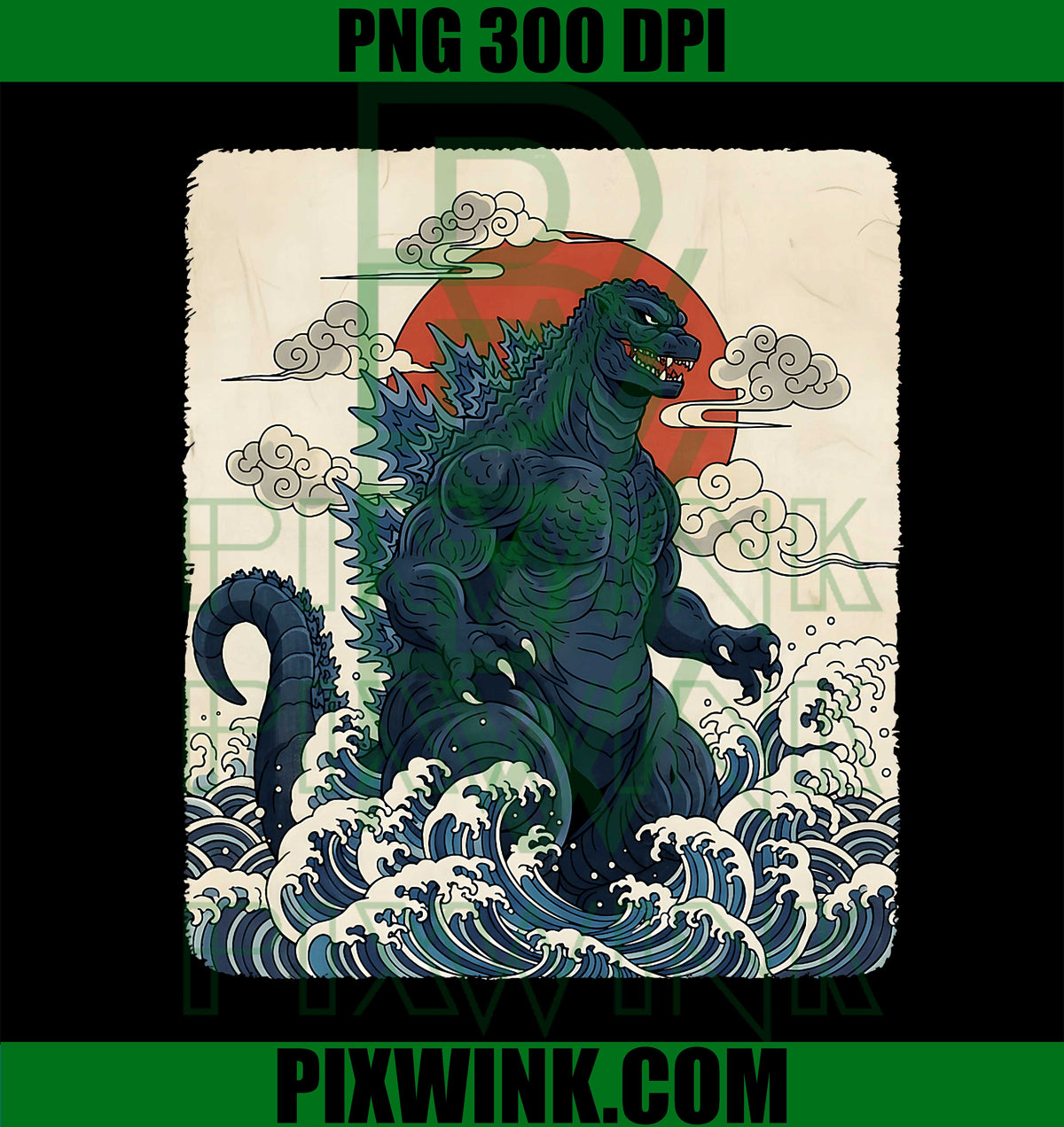 Vintage Japanese Kaiju Monster Art Retro Waves Red Sun PNG