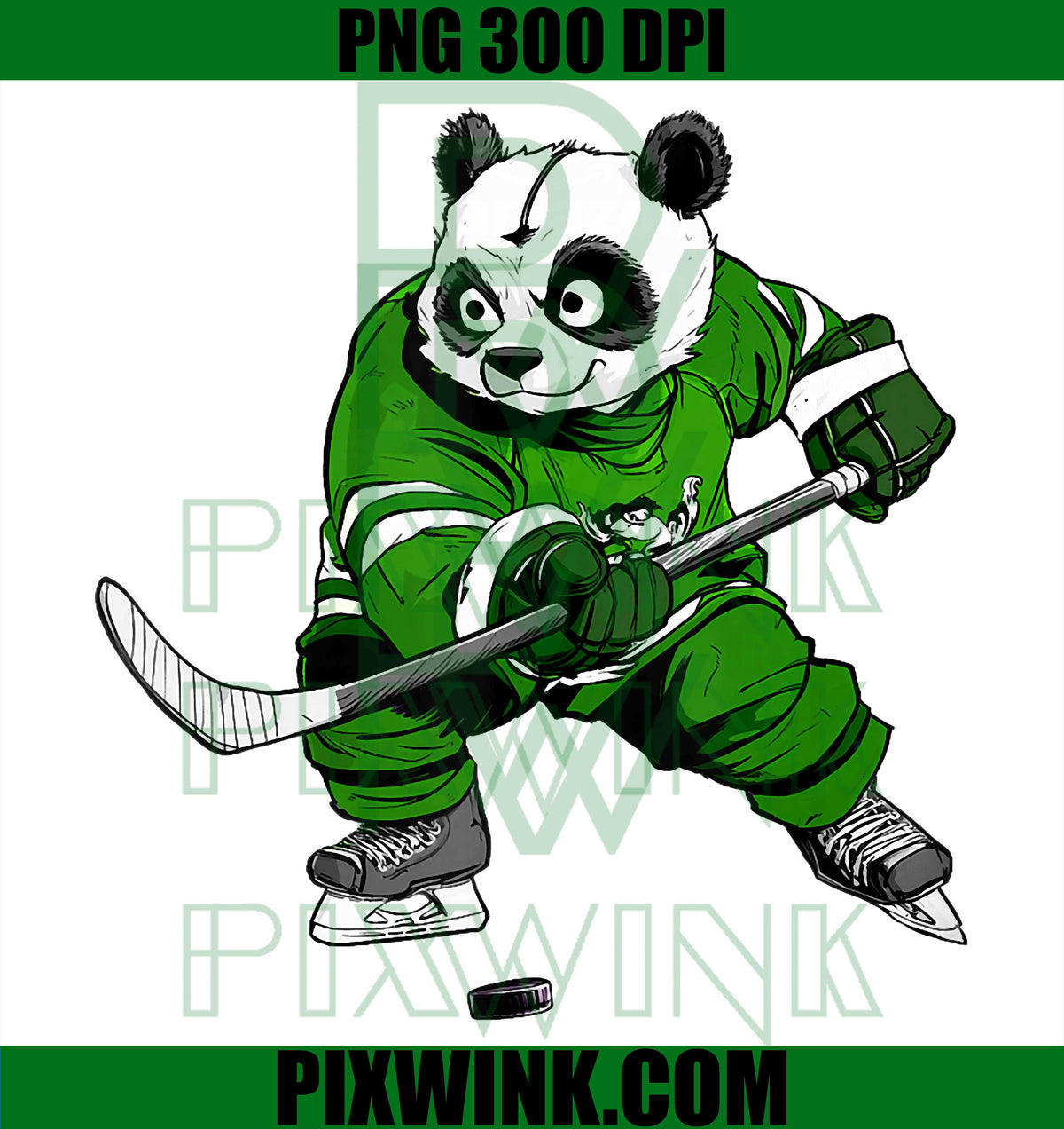 Ice Hockey Panda, Green Jersey Sport Player Skate Skating PNG Graphic
