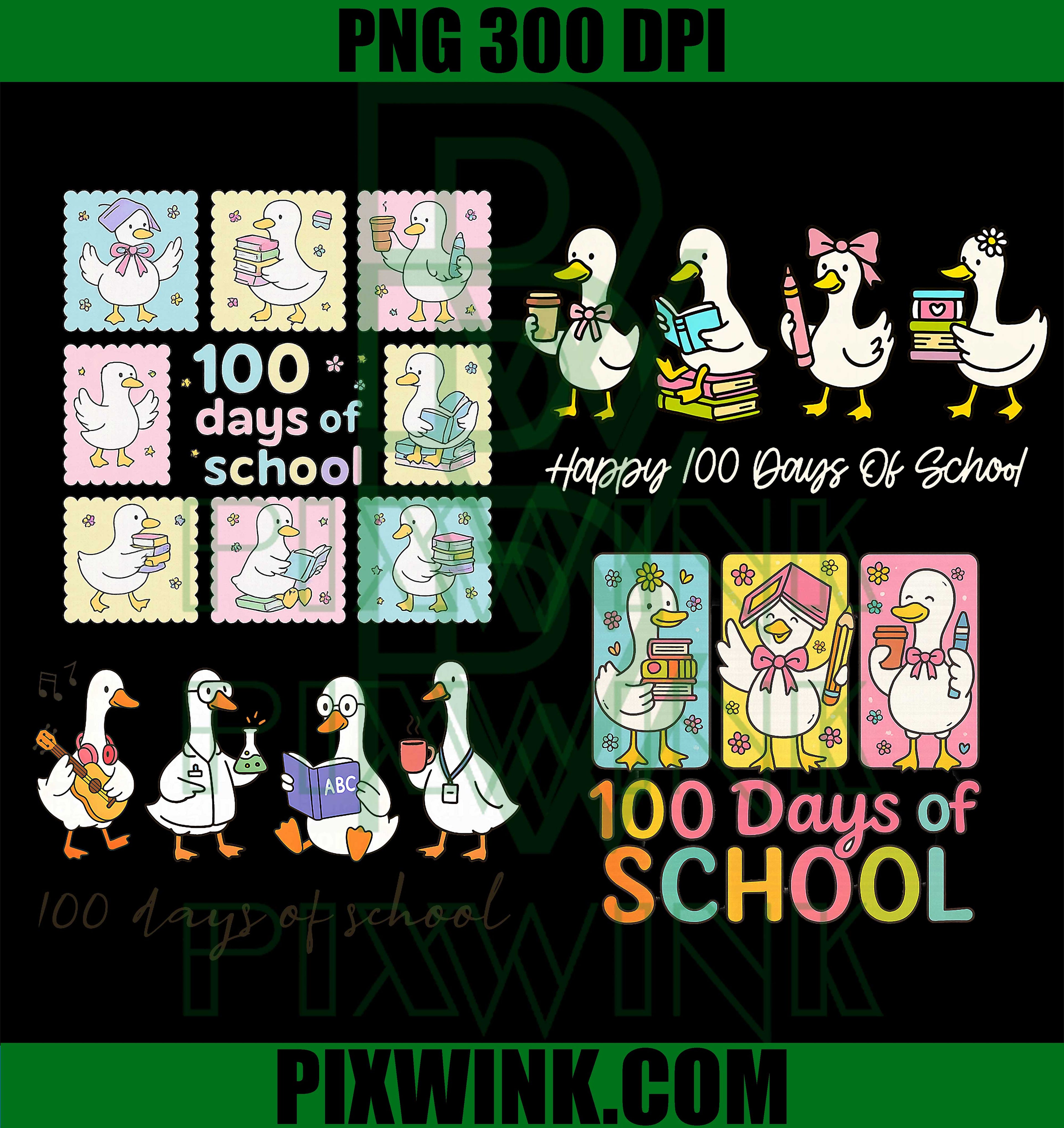 100 Days of School Ducks PNG Bundle, Cute Goose Teacher PNG