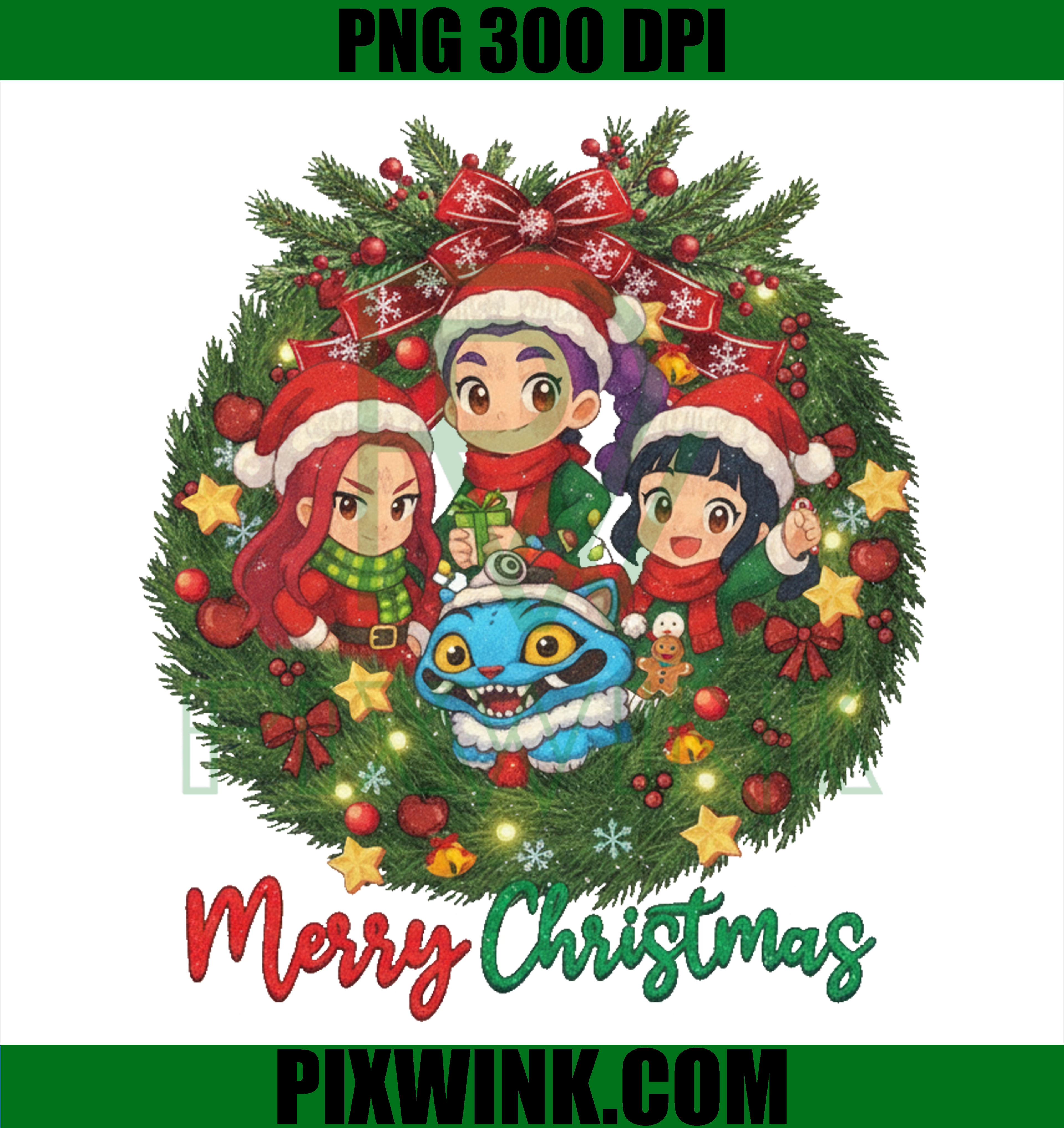 Huntrix Christmas Wreath PNG, Anime Girls Holiday Clipart, Christmas Garland Illustration