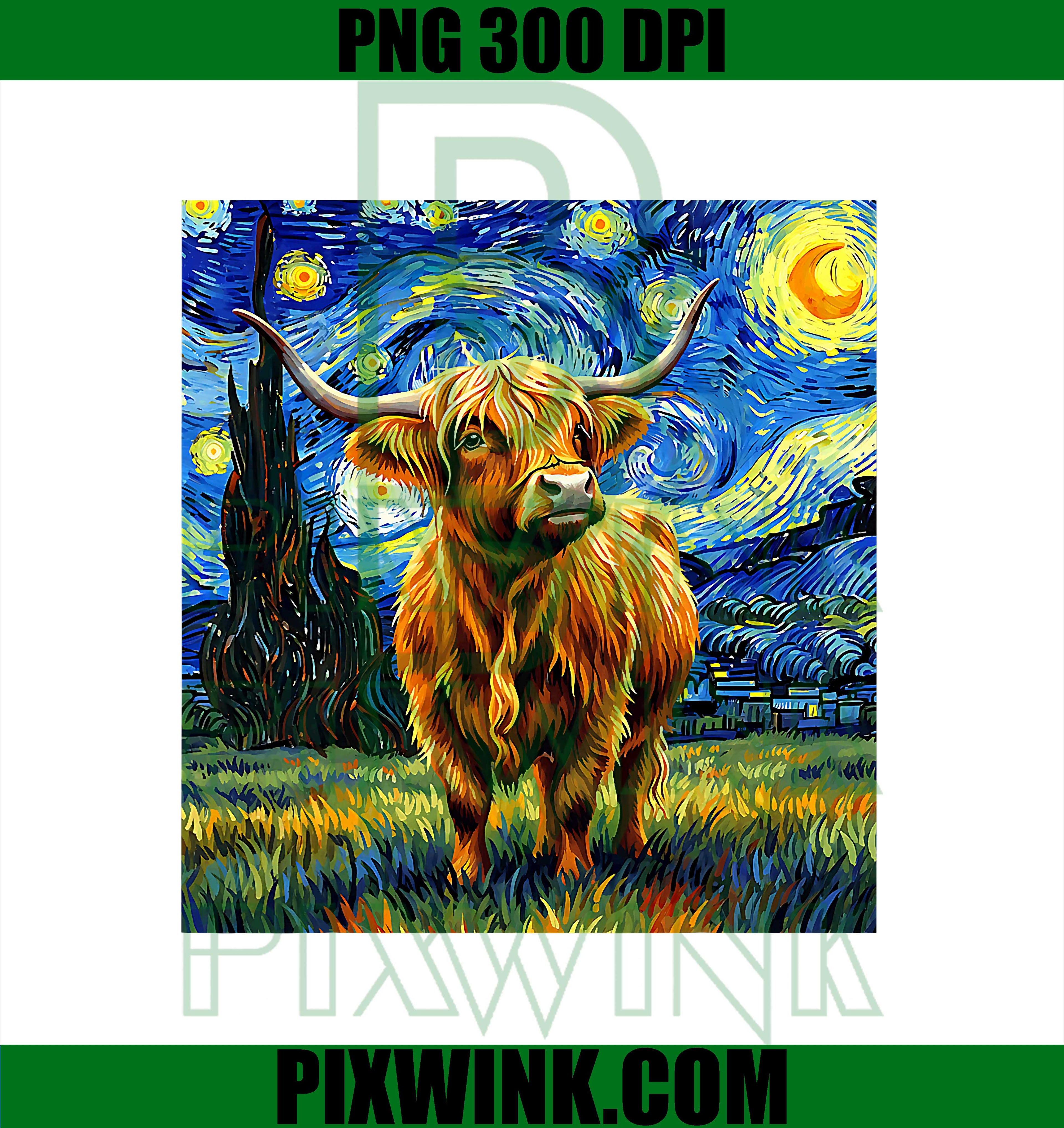 Cute Highland Cow Graphic Van Gogh Style Starry Night PNG