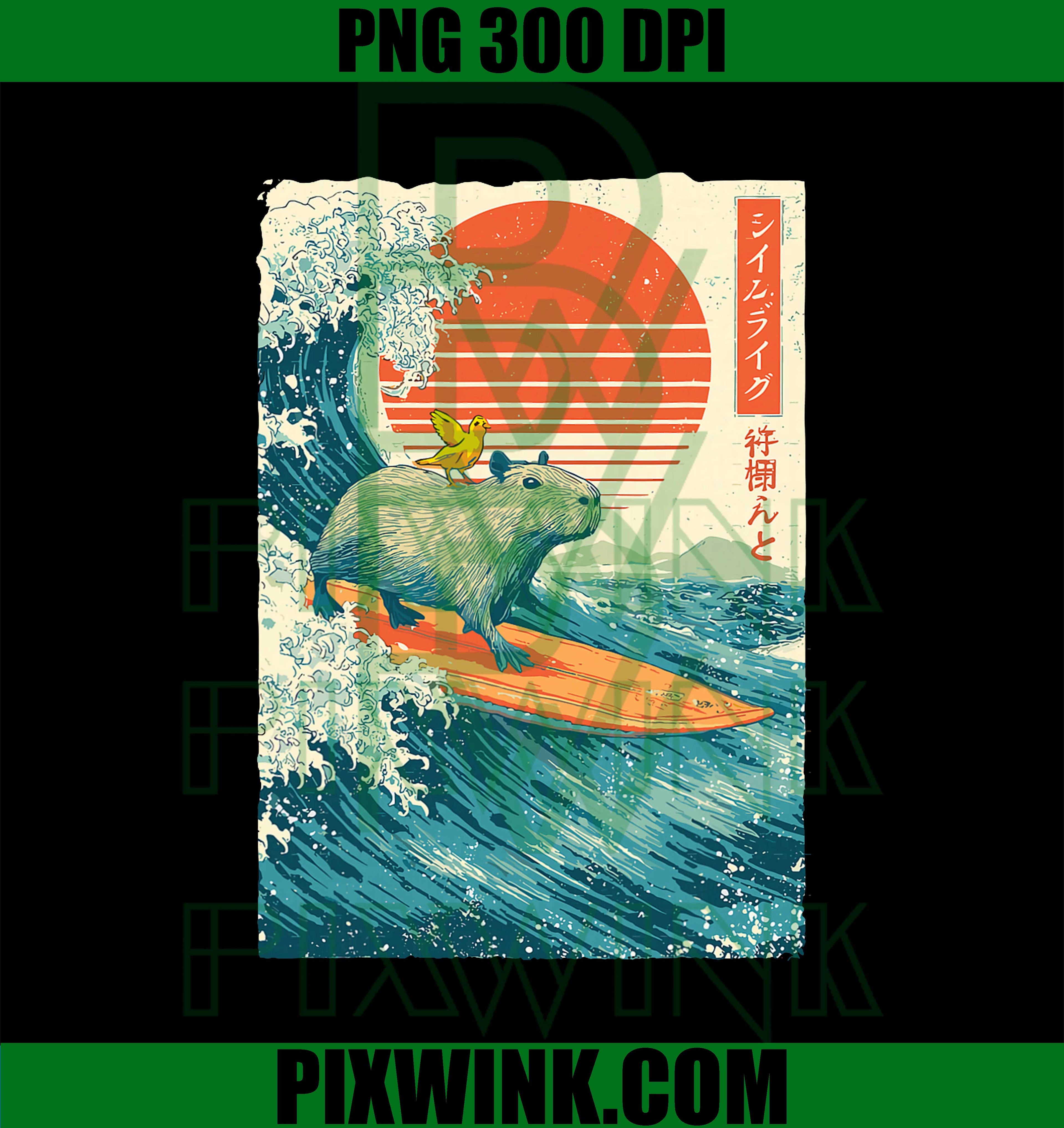 Capybara Surfing Japanese Wave, Art Surf Animal Kids Adults PNG