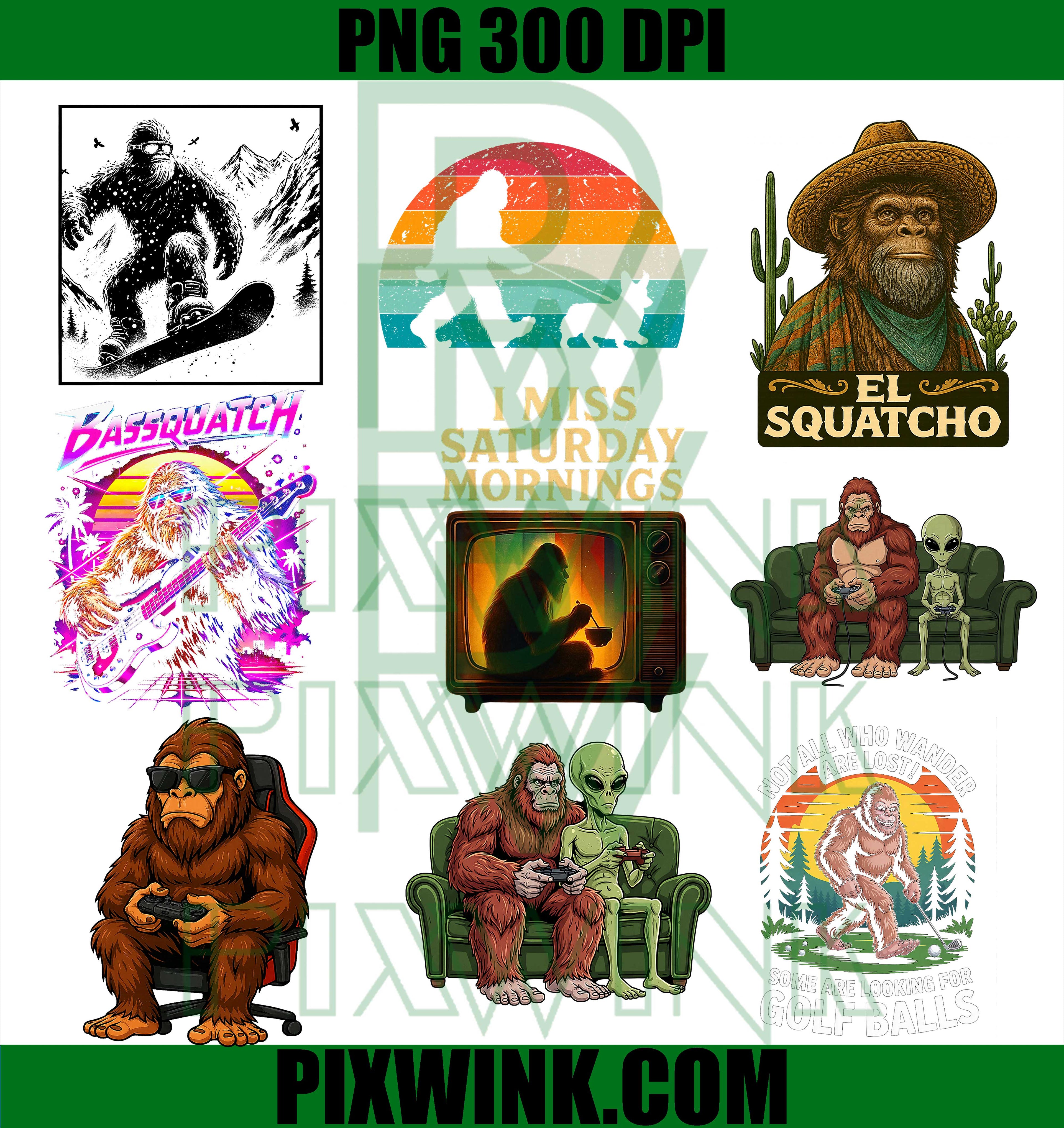 Bigfoot PNG Bundle Retro, Funny Sasquatch Digital Artwork