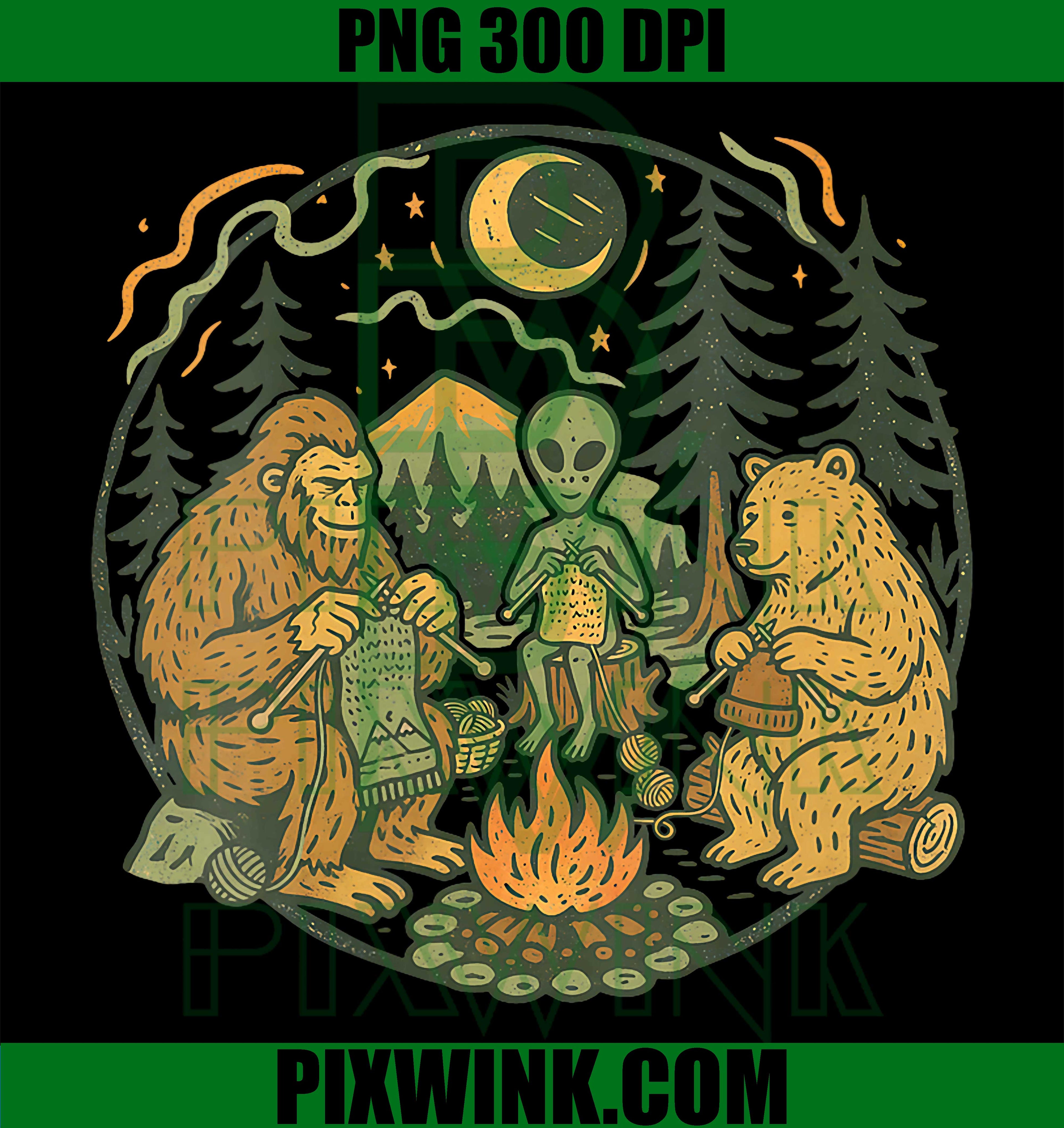 Campfire Knitting Friends PNG, Bigfoot Alien Bear Retro PNG