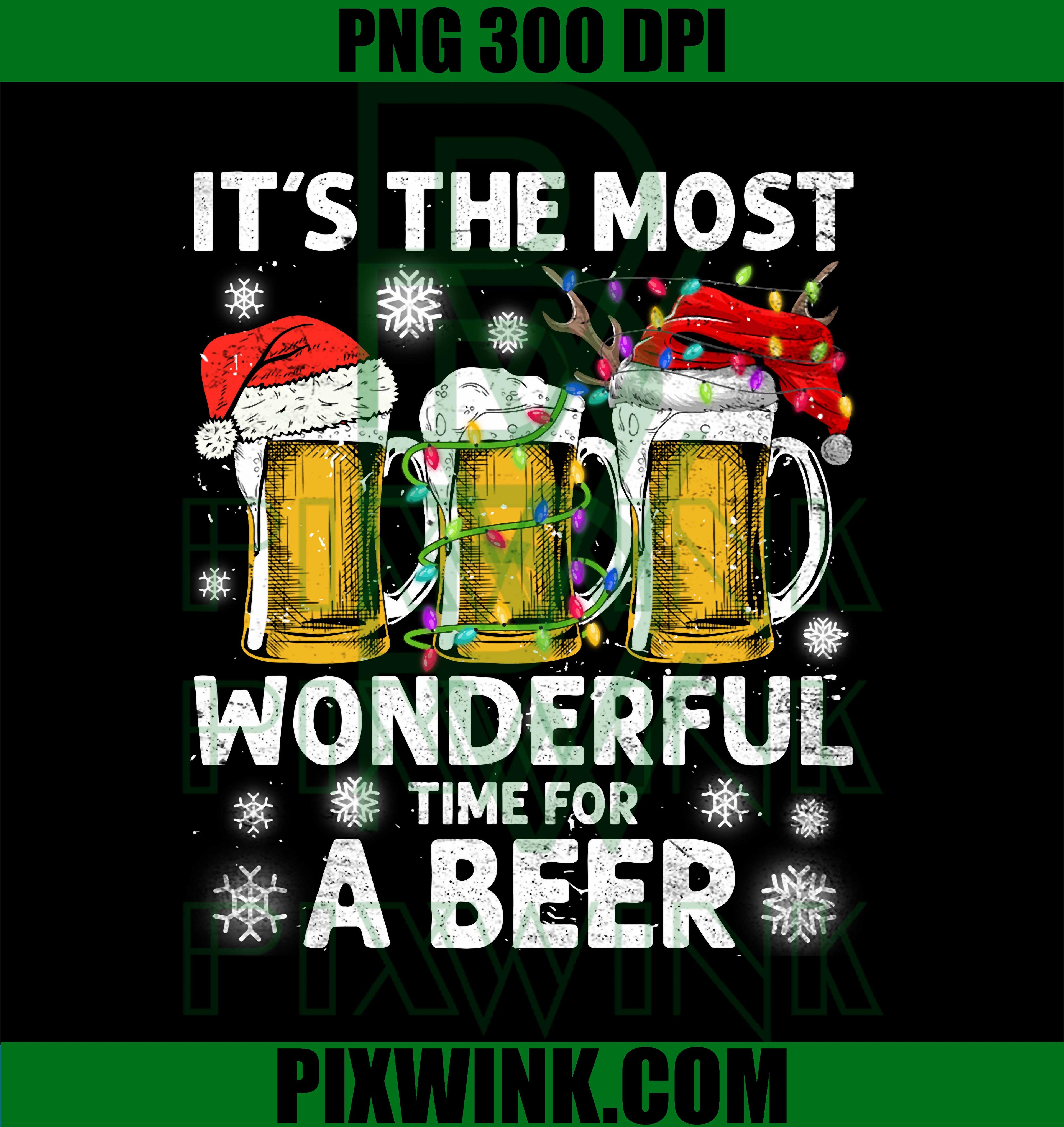 Its The Most Wonderful Time For A Beer, Xmas Lights Santa Hat PNG
