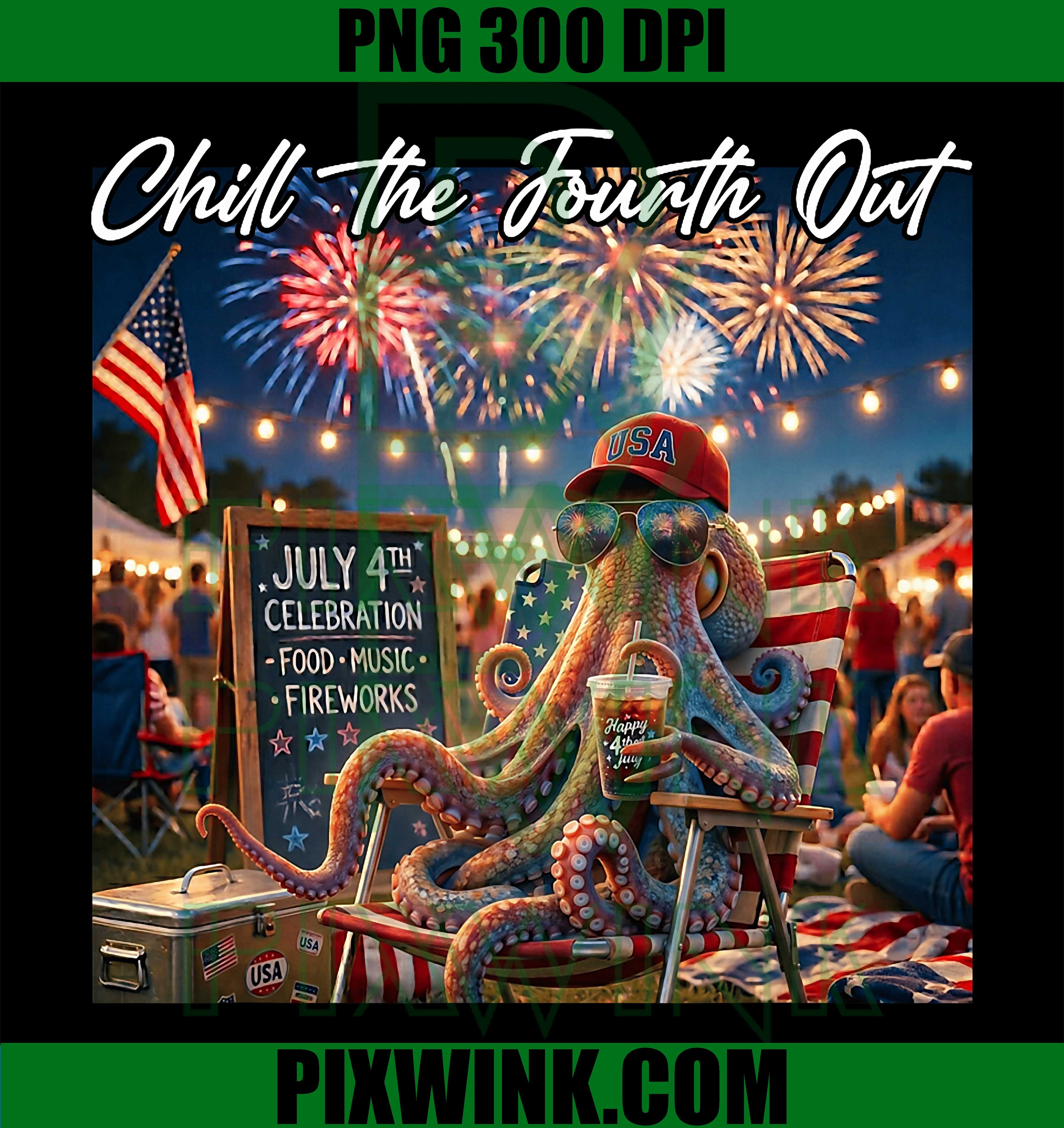 Chill The Fourth Out Funny Octopus Ice Coffee PNG, 4th Of July Graphic PNG