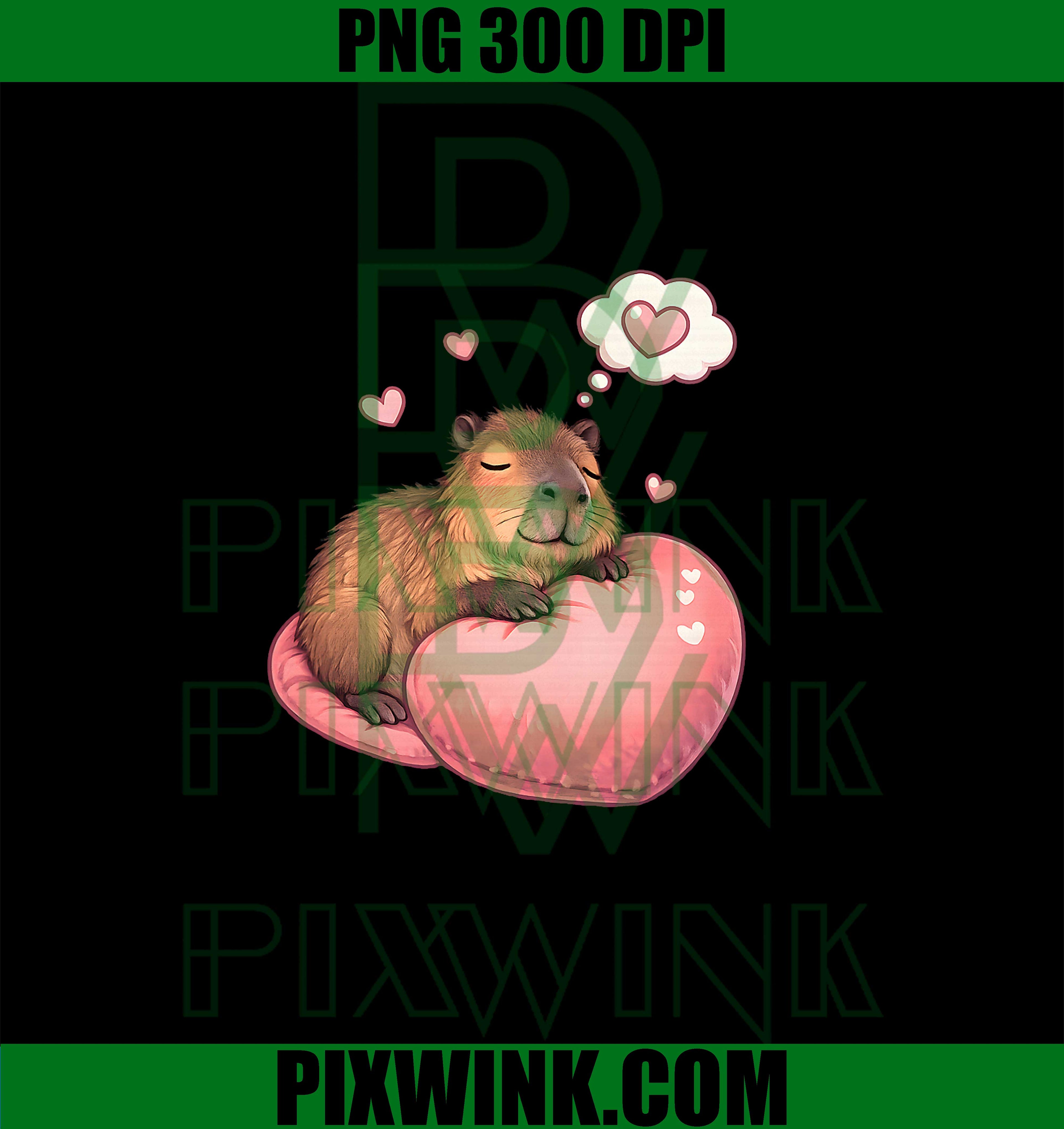 Dreaming Capybara on Heart Pillow Valentine Art PNG
