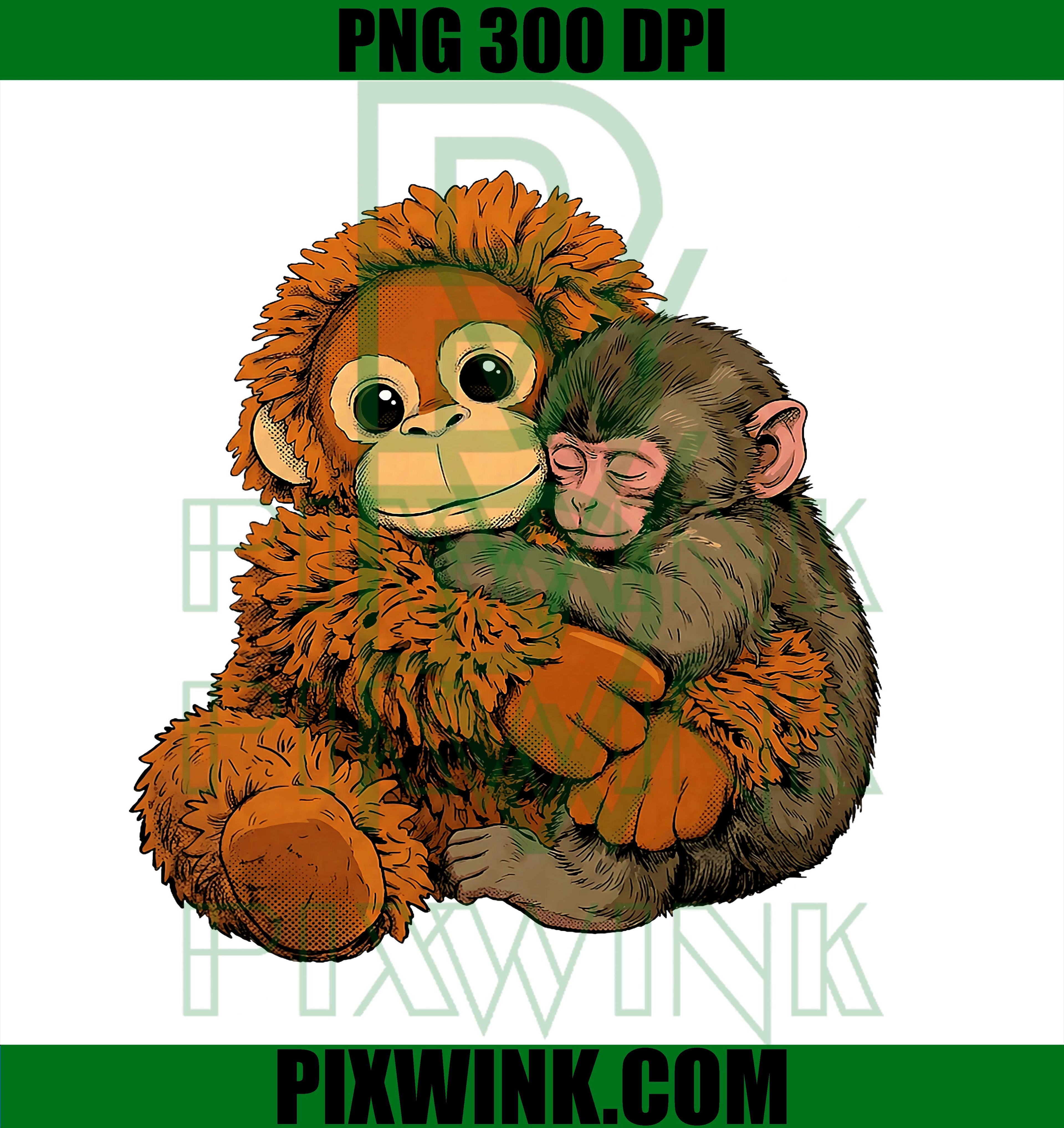 Baby Monkey Punch Mama Hug PNG, Cute Monkey Plush Hug PNG