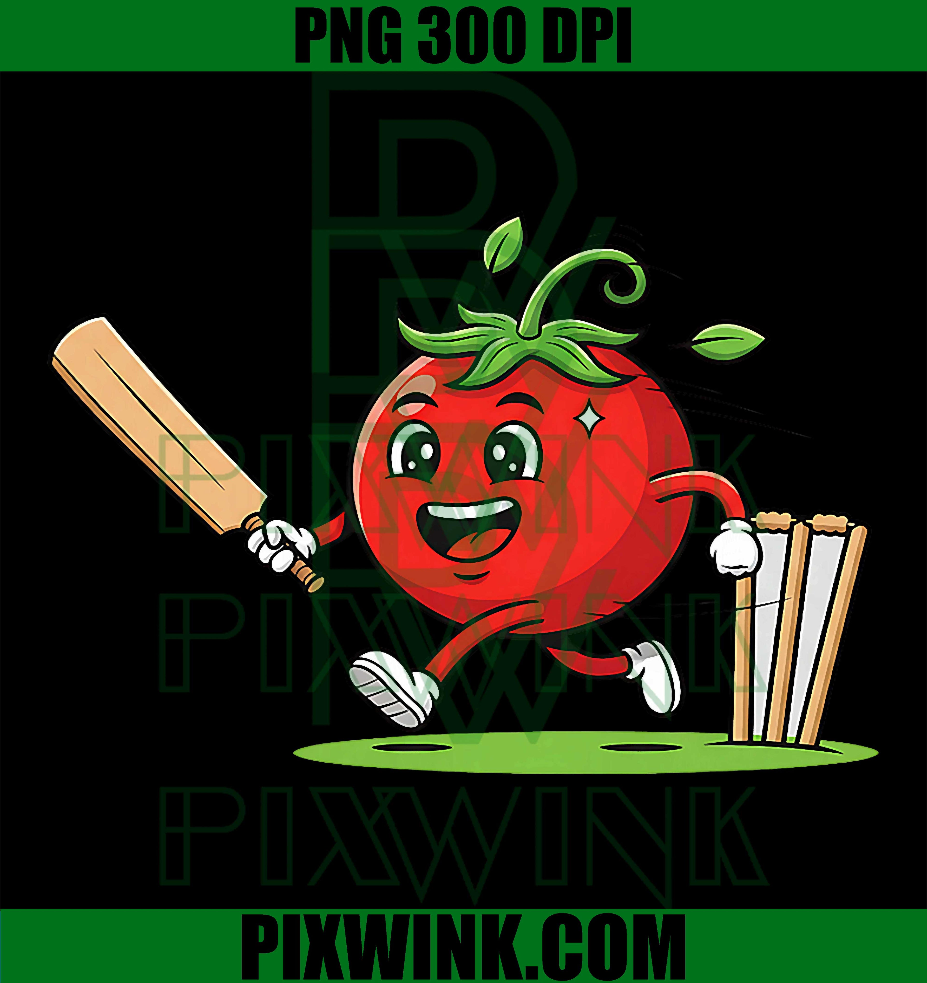 Funny Tomato Cricket Cartoon PNG, Veggie Sports Fan PNG, Tomato Cricket Art PNG