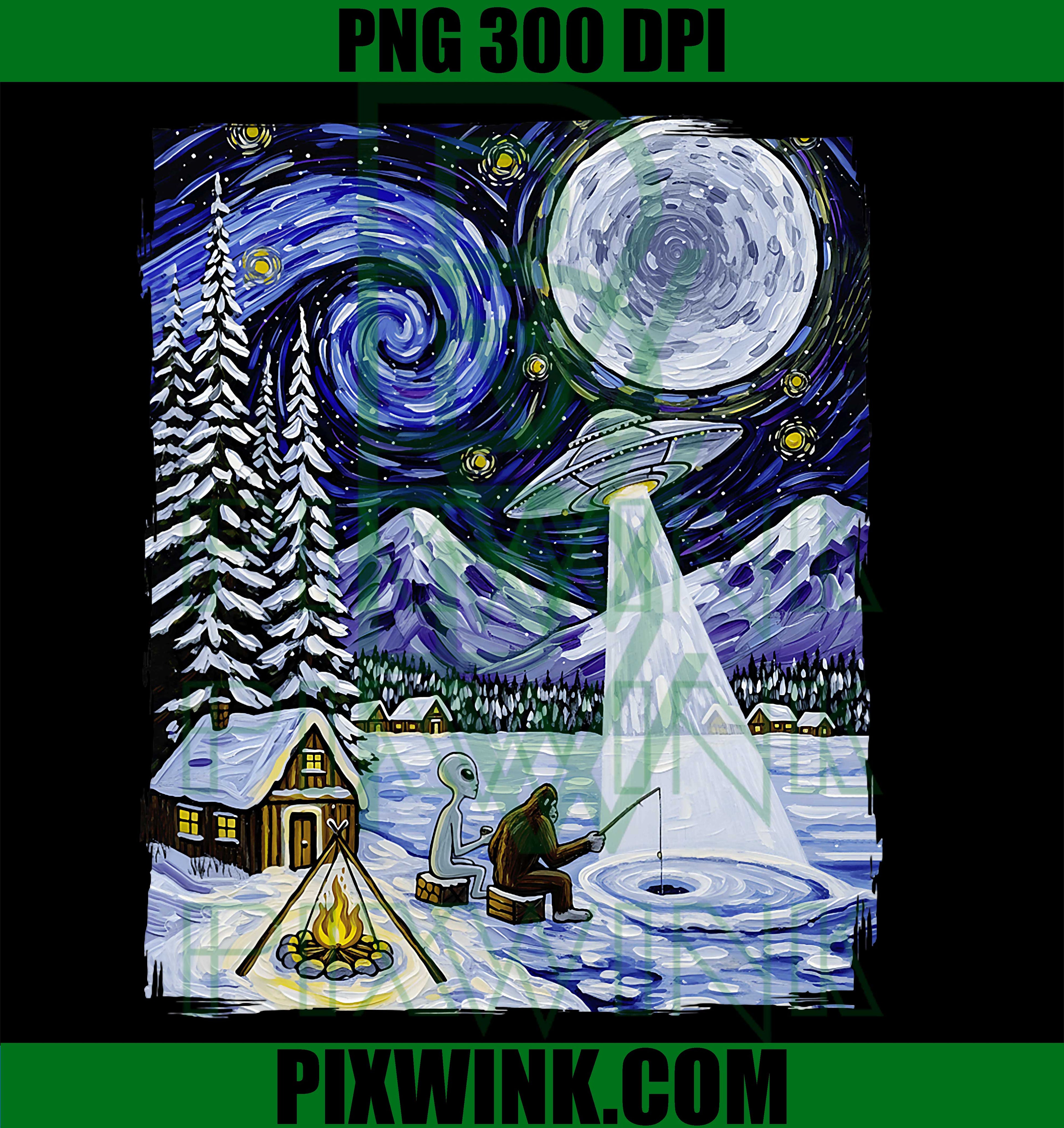 Bigfoot and Alien Ice Fishing Under Star Night Sky with UFO PNG