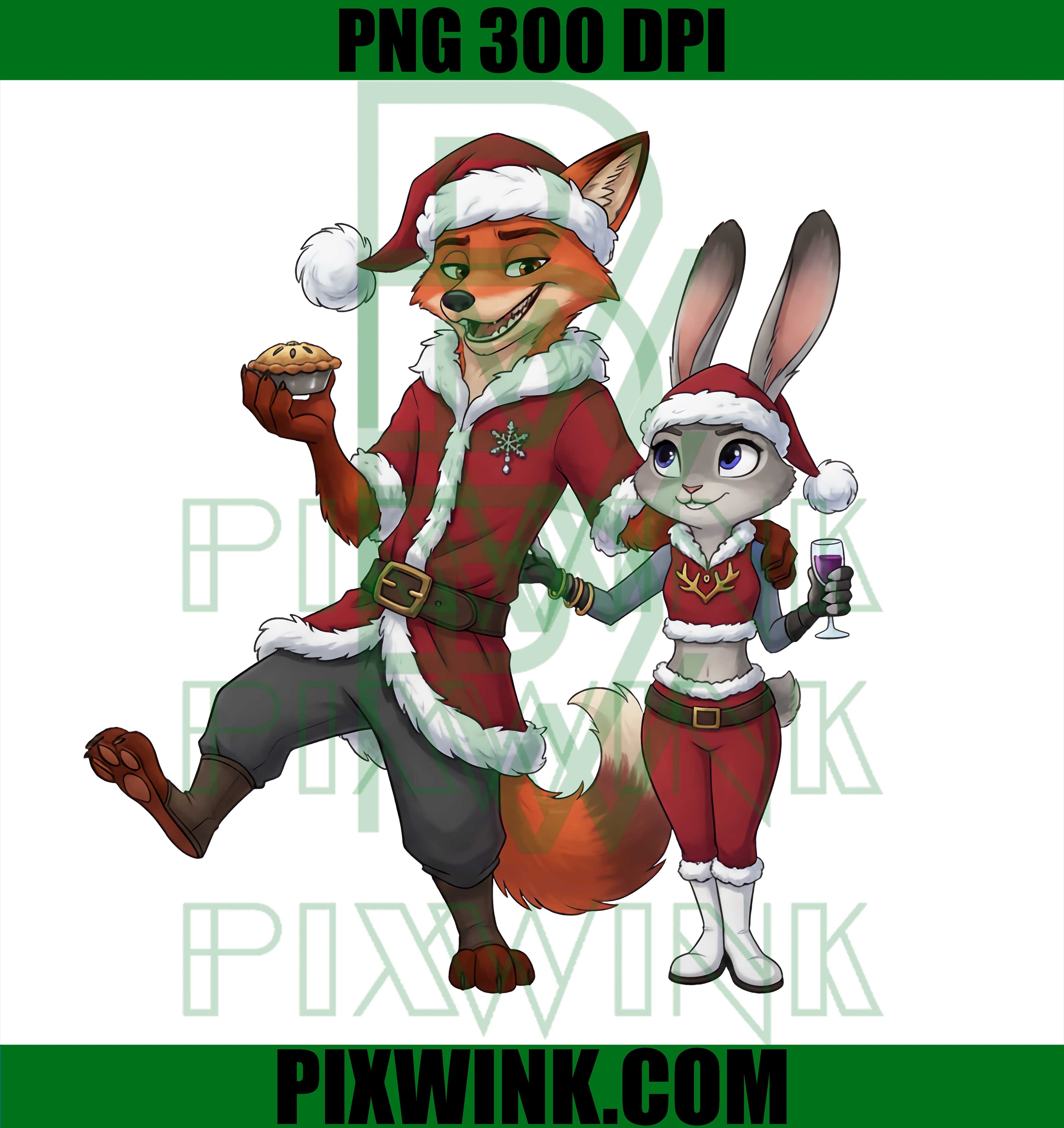 Santa Nick Wilde and Judy Hopps Duo PNG, Couple Christmas PNG