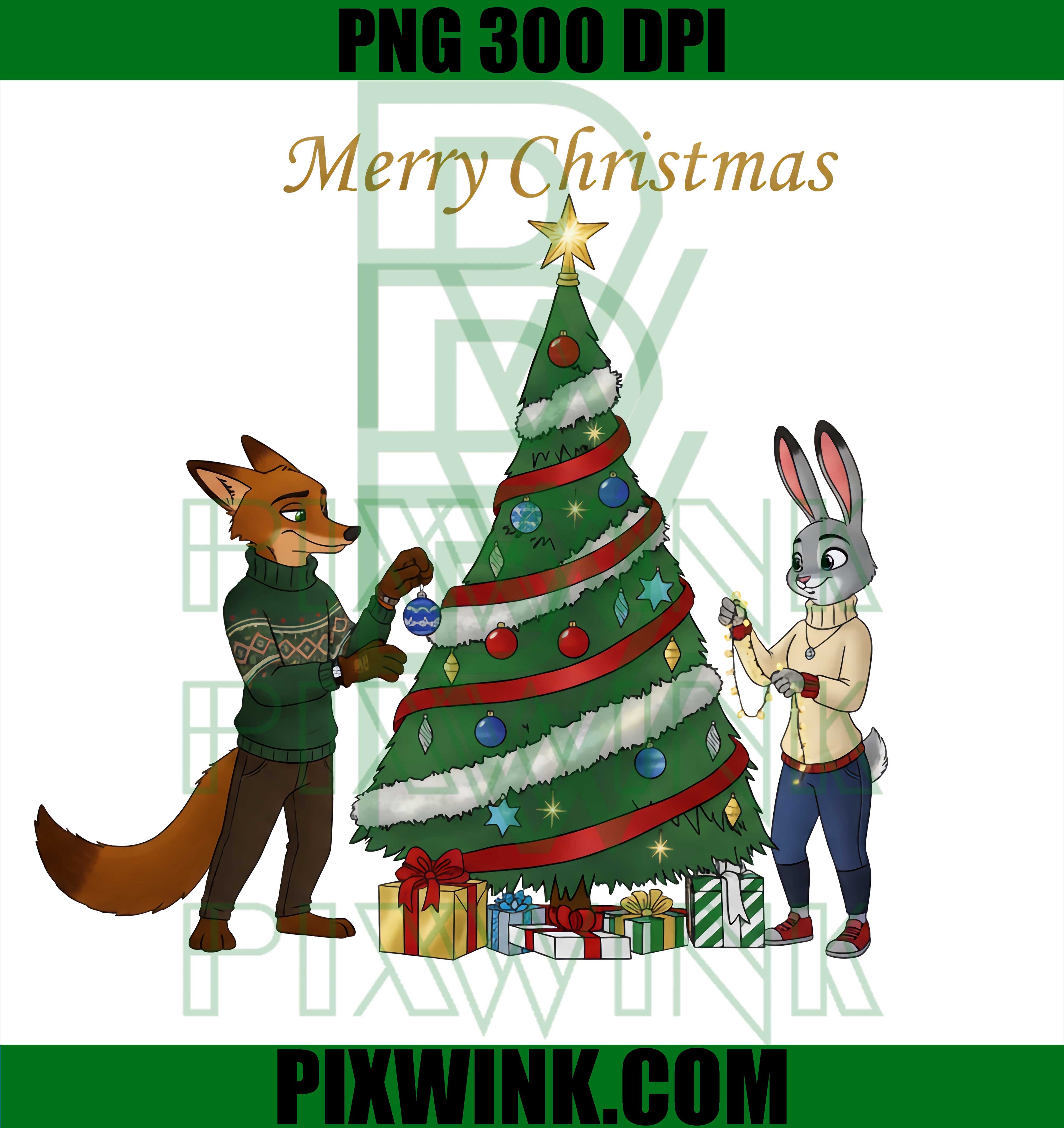 Holiday Nick and Judy PNG, Cute Characters Around Christmas Tree PNG