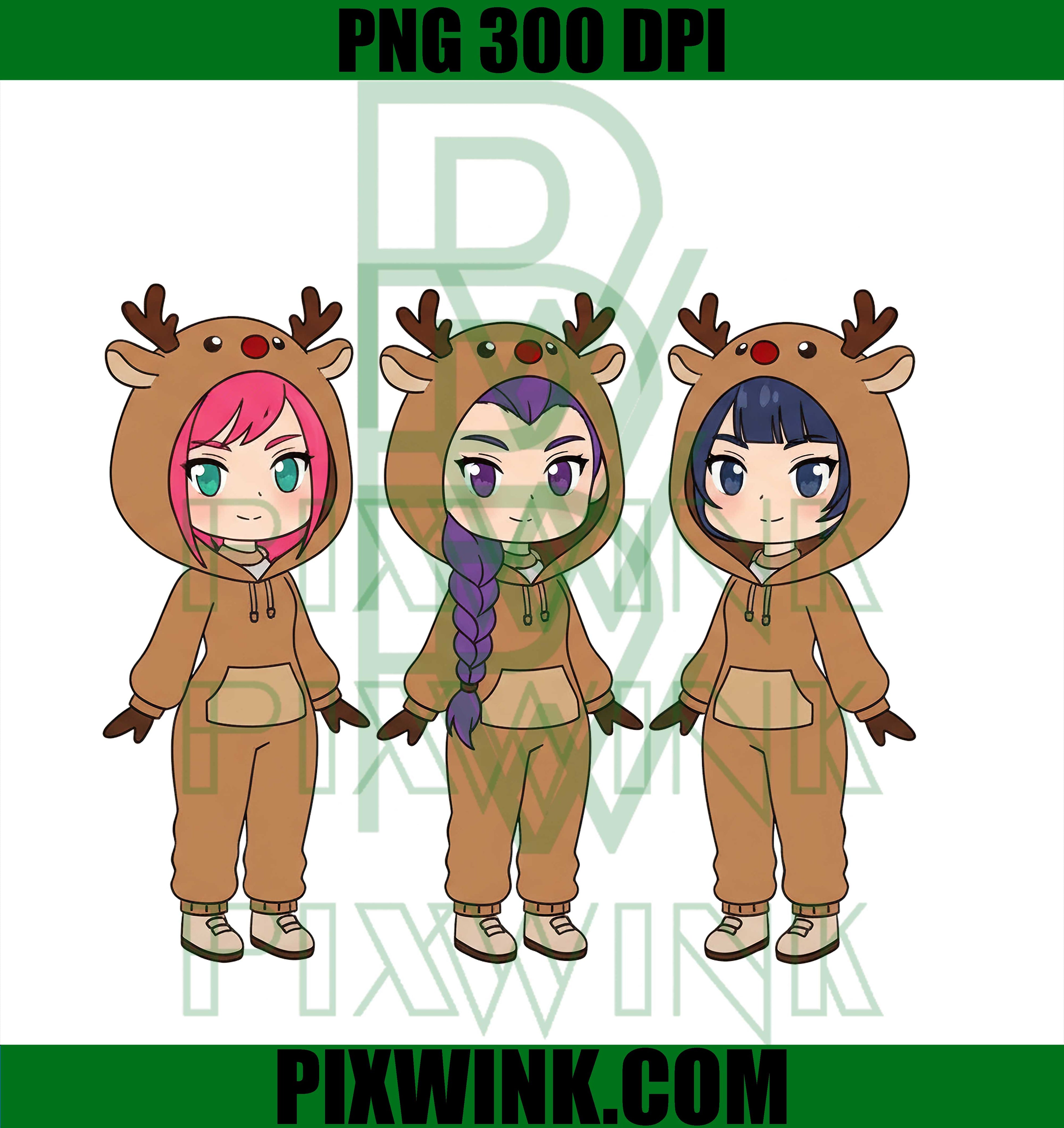 K-Pop Demon Hunter Inspired Chibi PNG, Christmas Reindeer Girls PNG