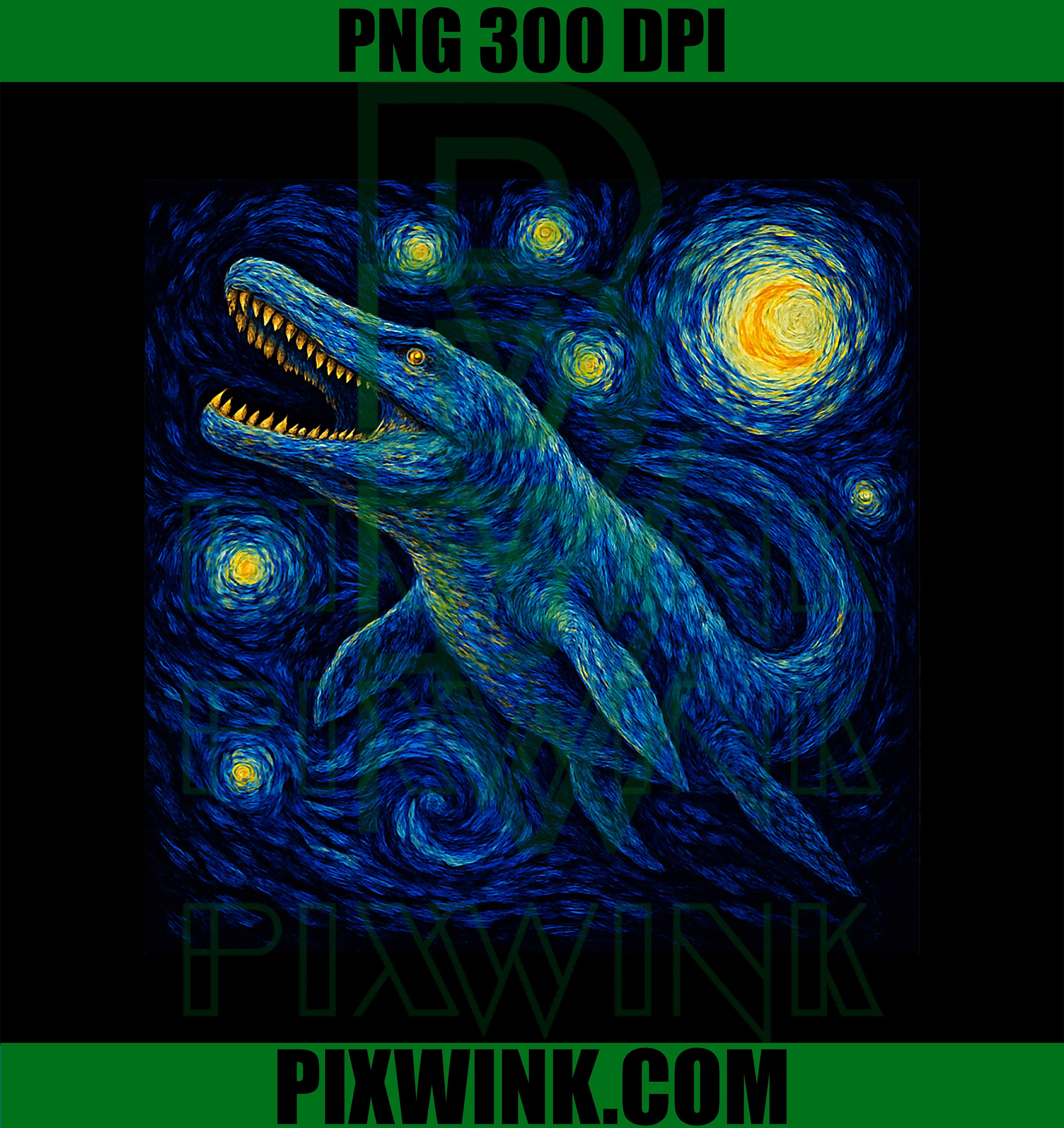 Mosasaurus Dinosaur, Van Gogh Style Starry Night Painting PNG