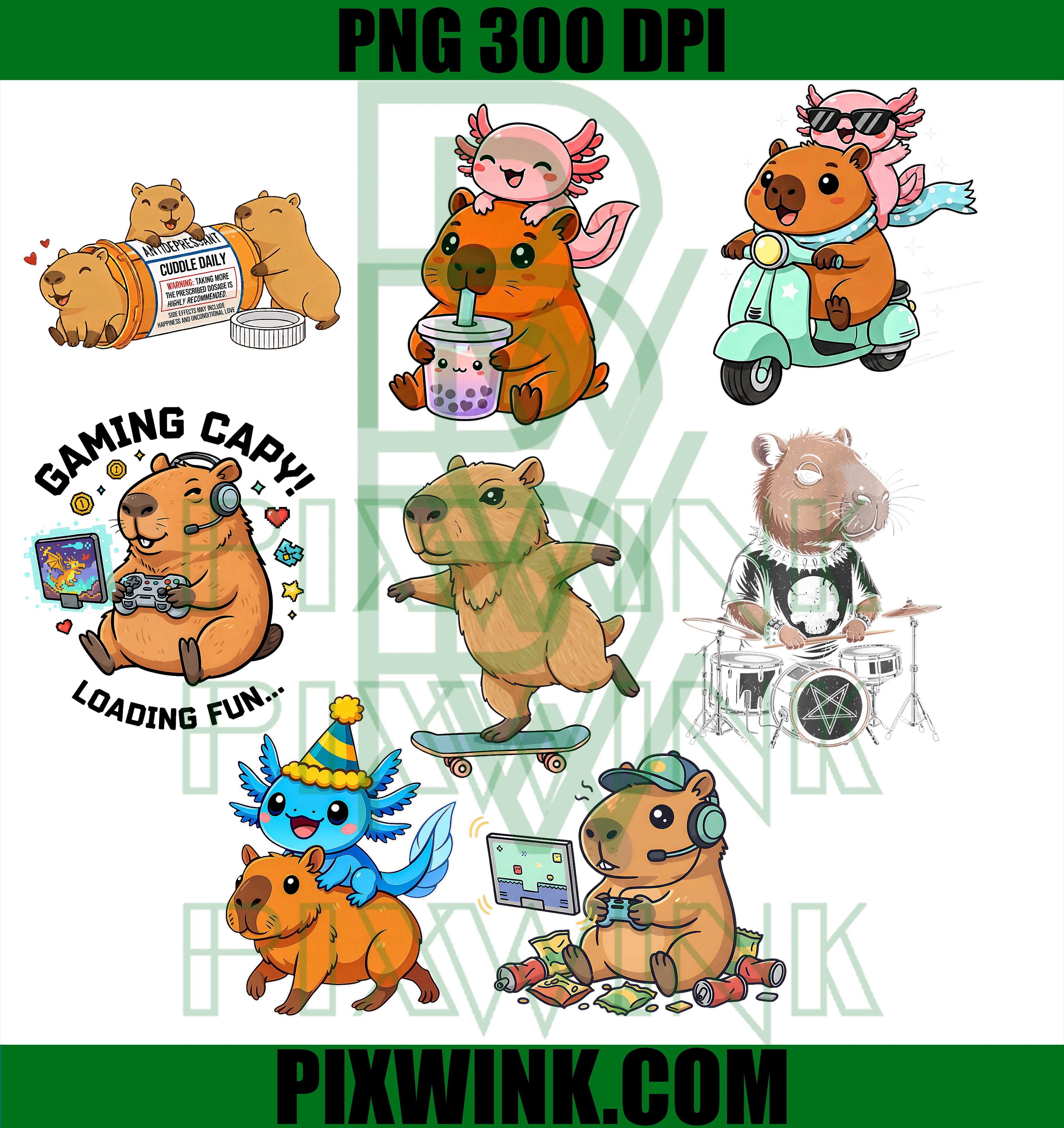 Capybara PNG Bundle, Cute Kawaii Animals Clipart, High Resolution Digital
