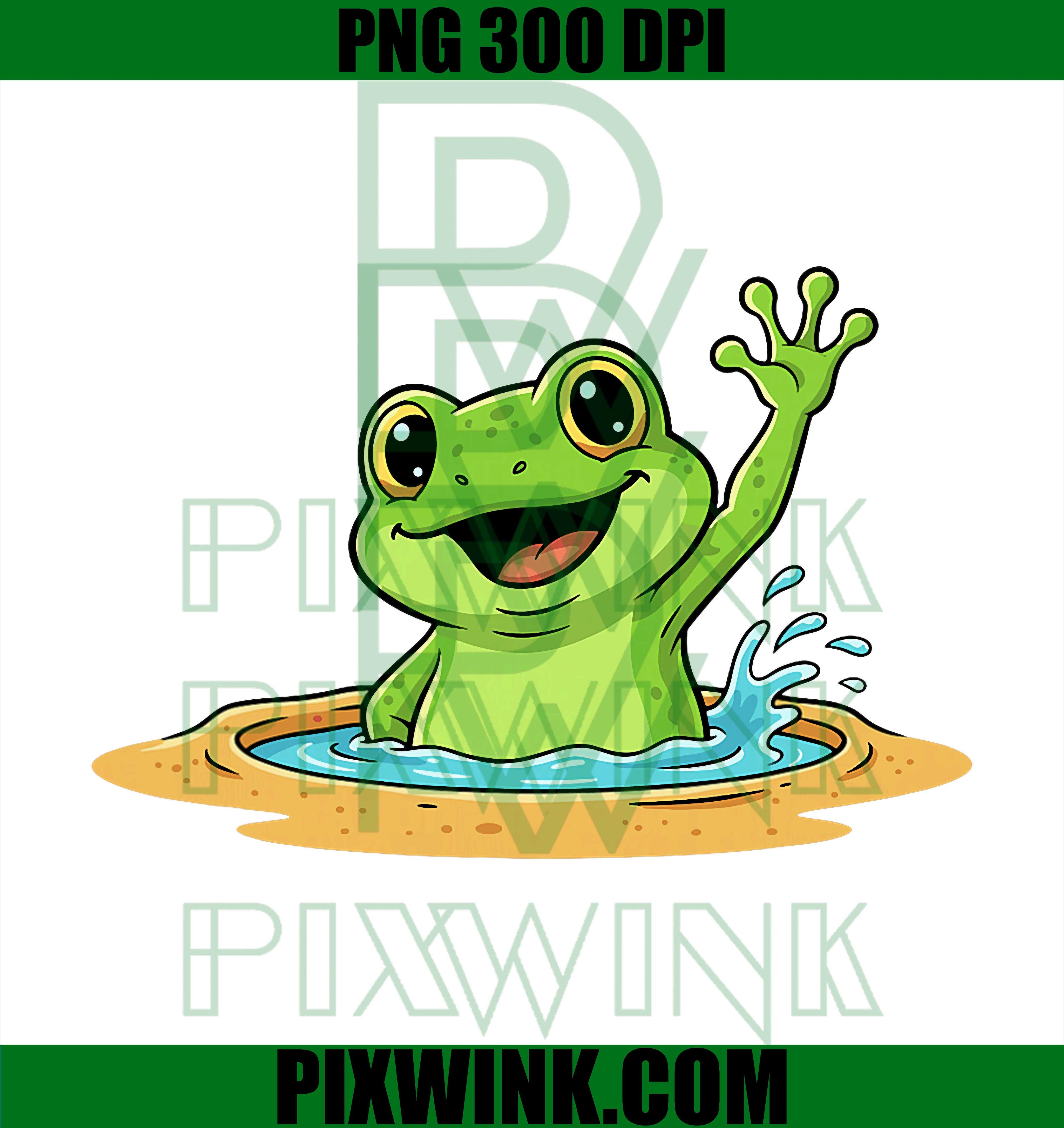 Happy Waving Frog PNG, Cute Cartoon Pond Frog for Kids PNG