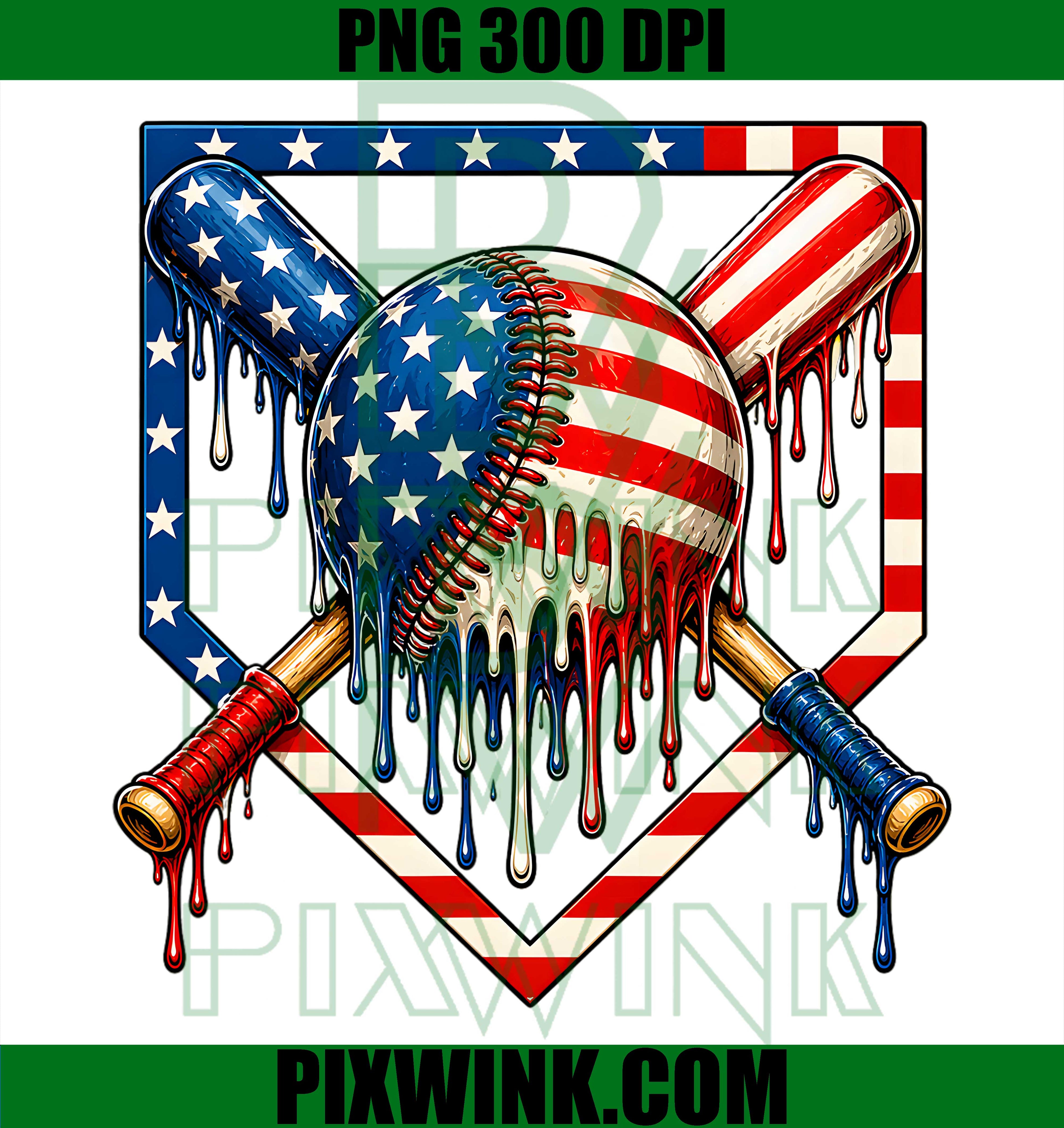 Baseball Drip American Flag PNG, Patriotic 4th of July Baseball PNG