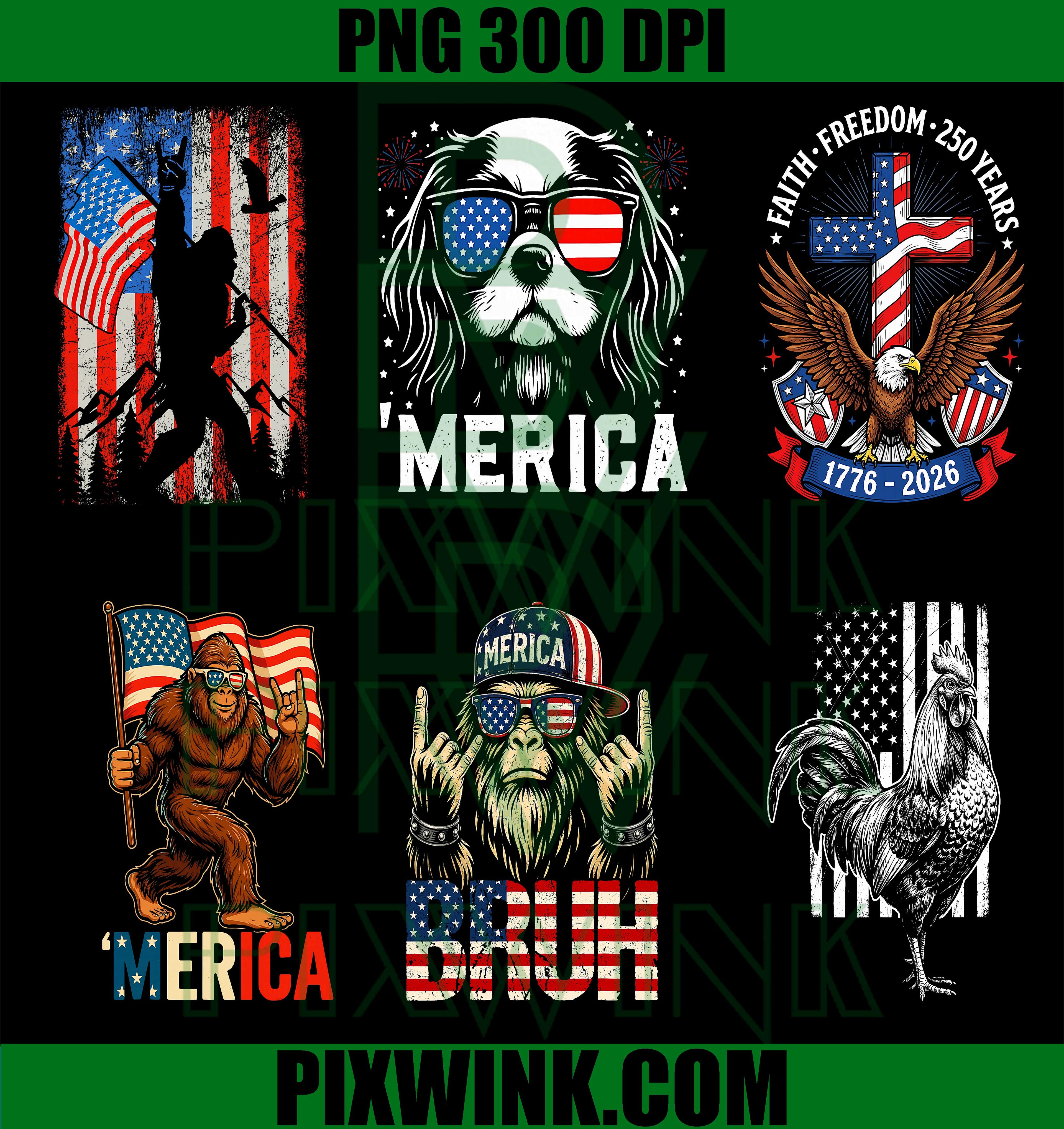 Merica 4th of July Bigfoot Dog Rooster Bundle PNG, USA Flag Patriotic PNG