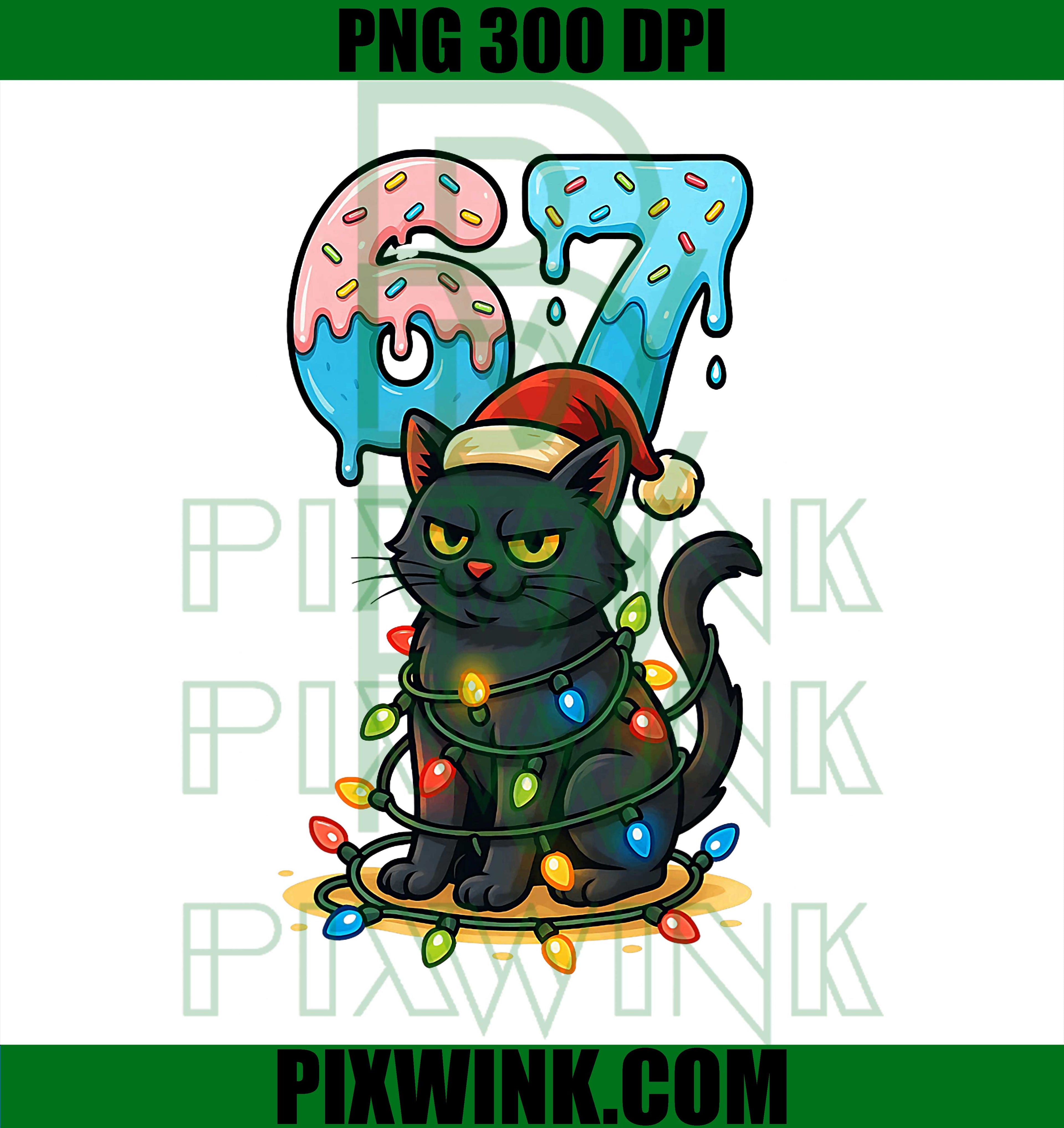 67 Black Cat Santa Hat Christmas Lights Drip PNG