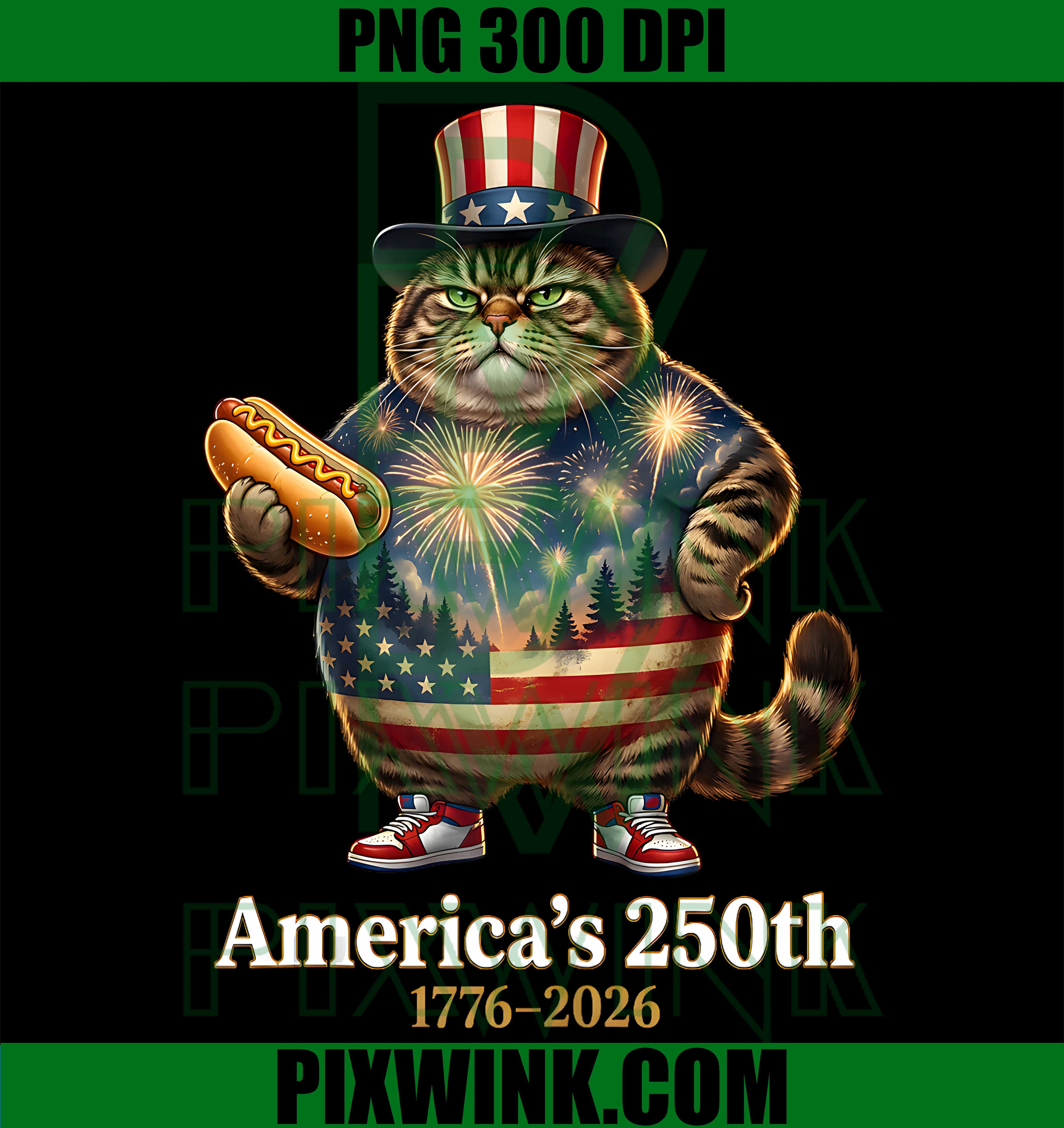 Patriotic Fat Cat PNG, 250th Anniversary USA PNG, 1776 2026 Flag PNG