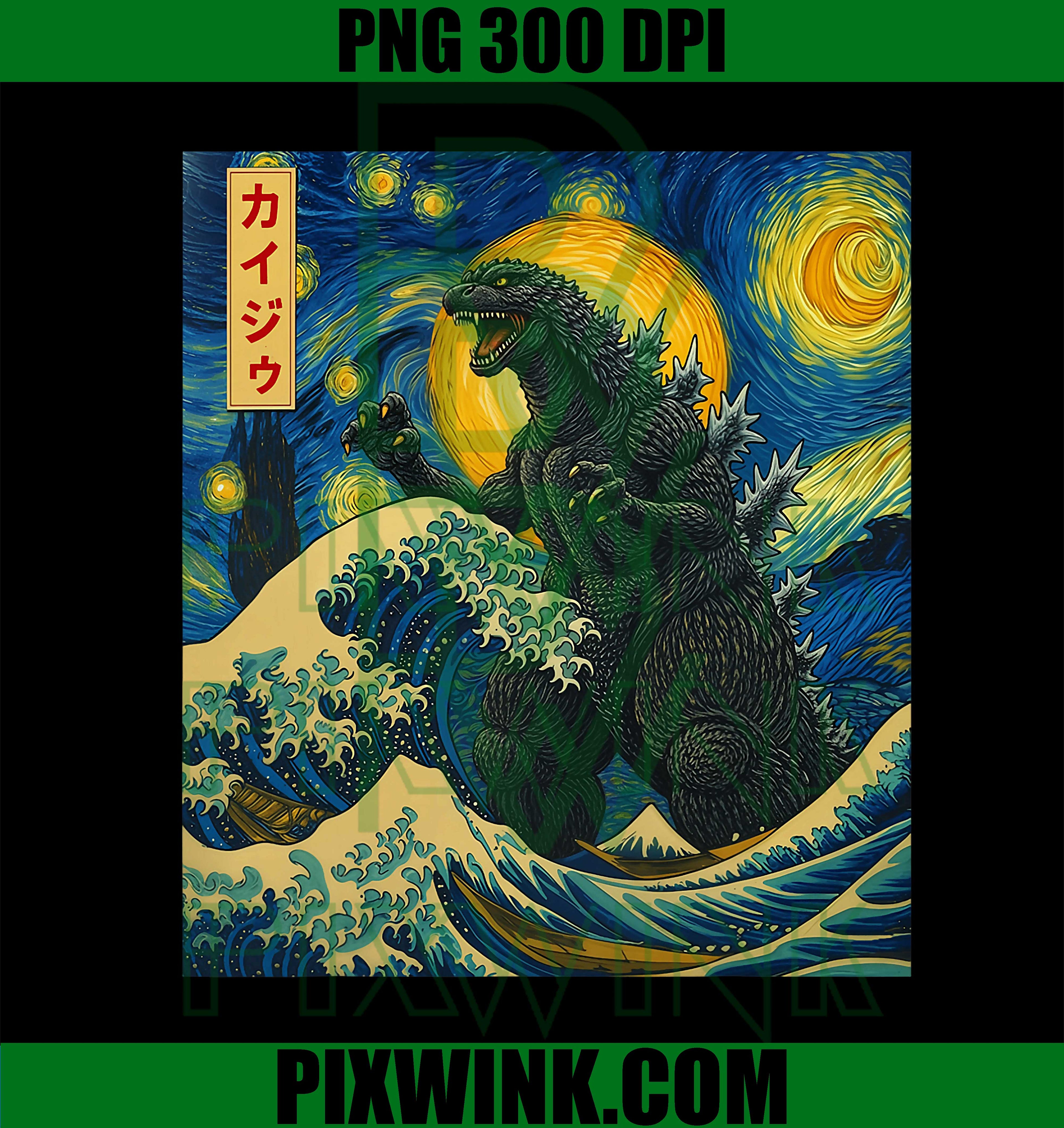 Japanese Monster Kaiju in Van Gogh Starry Night Vintage PNG