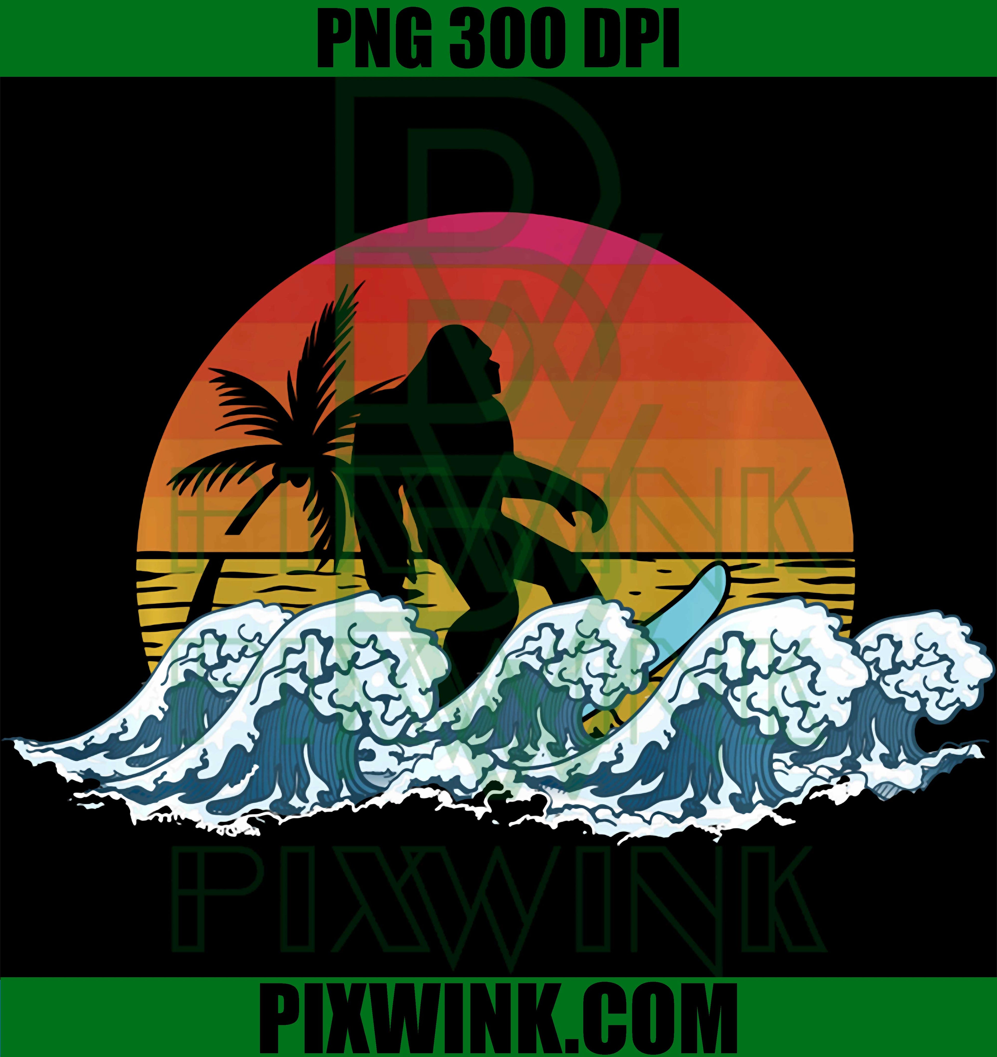 Yeti Sasquatch Surfing PNG, Retro Bigfoot Surfer Summer PNG