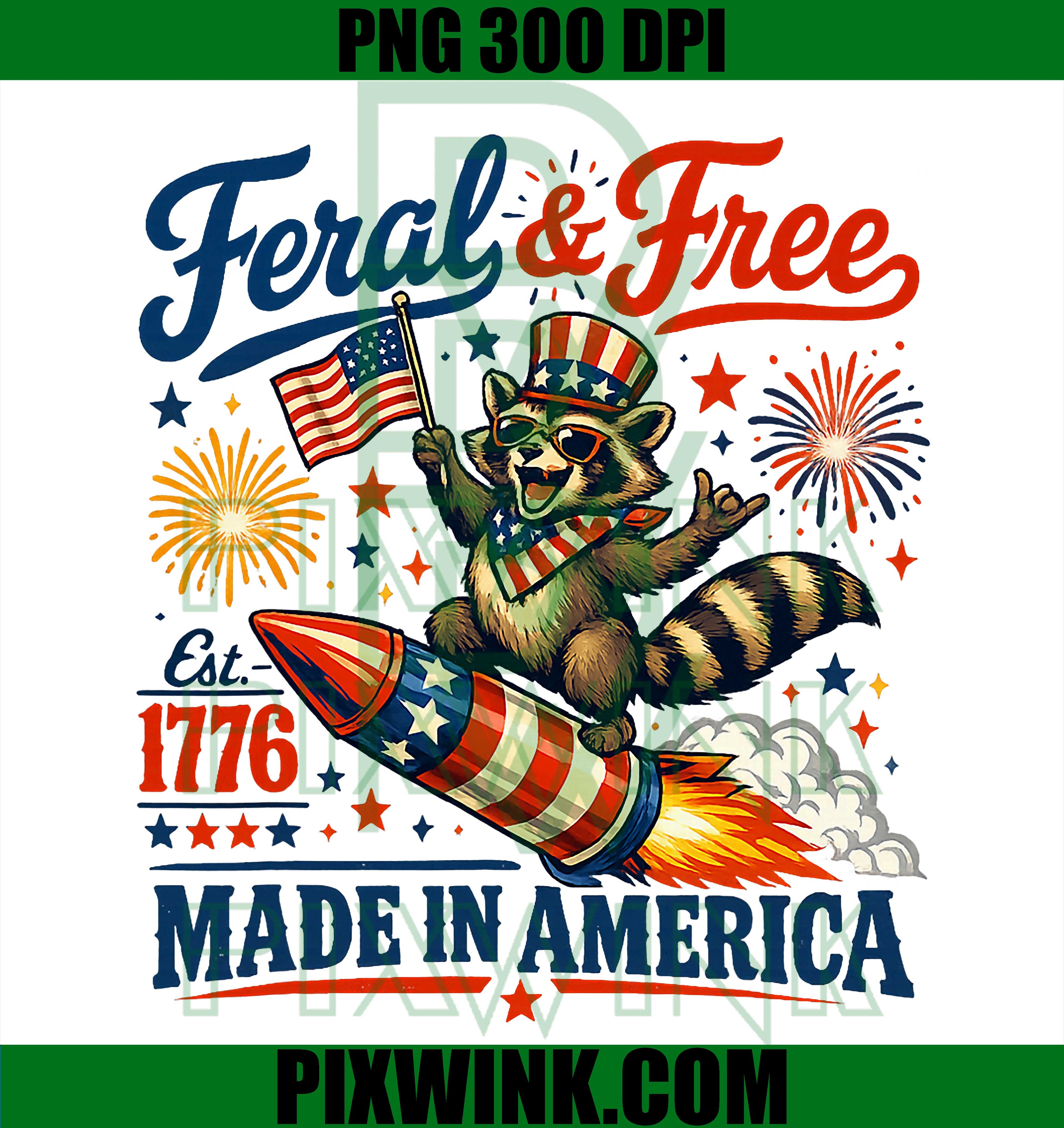 Feral Free 4th Of July America Flag PNG, Patriotic Raccoon Graphic PNG