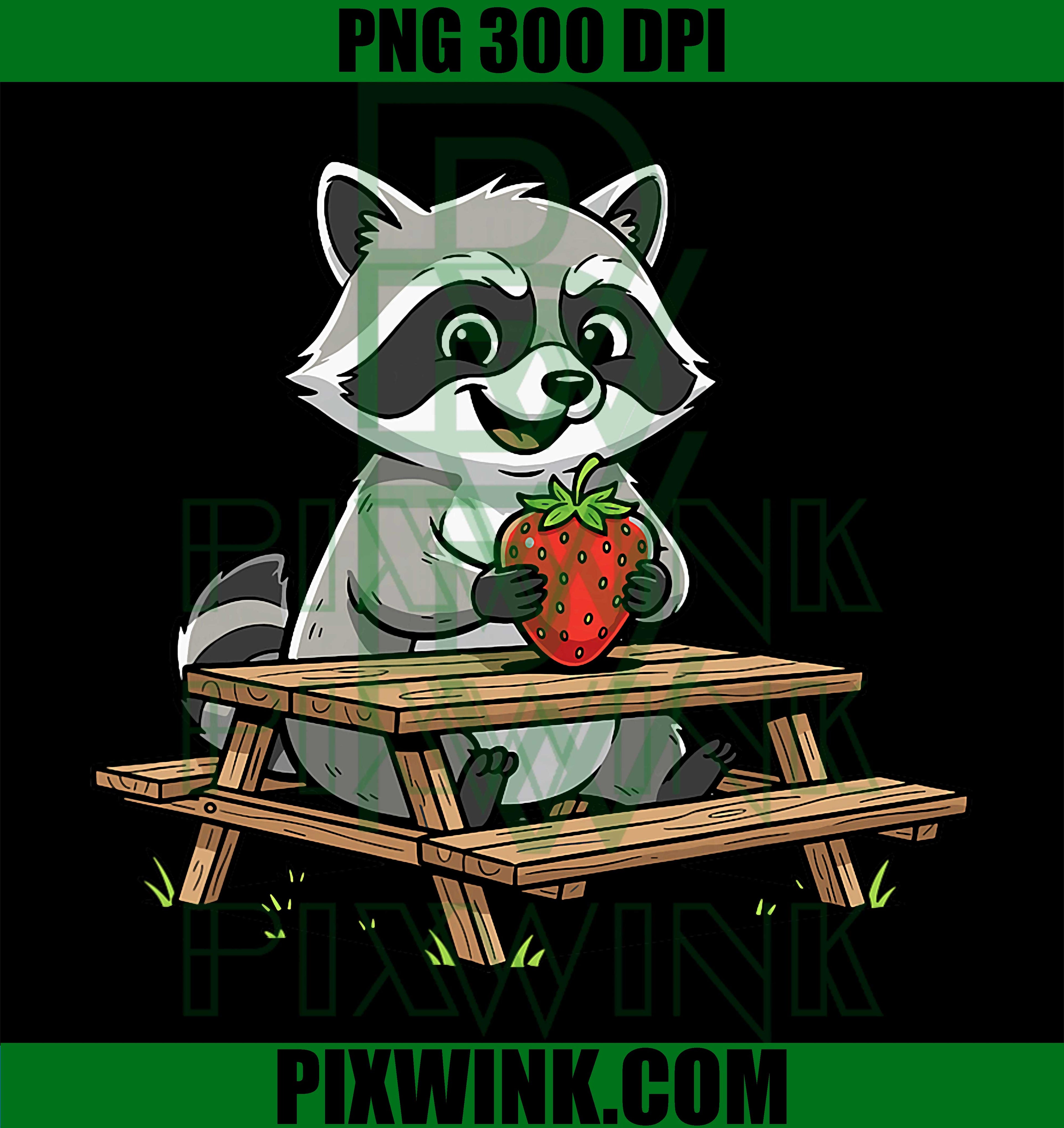 Kawaii Raccoon Strawberry PNG, Cute Picnic Raccoon Cartoon PNG