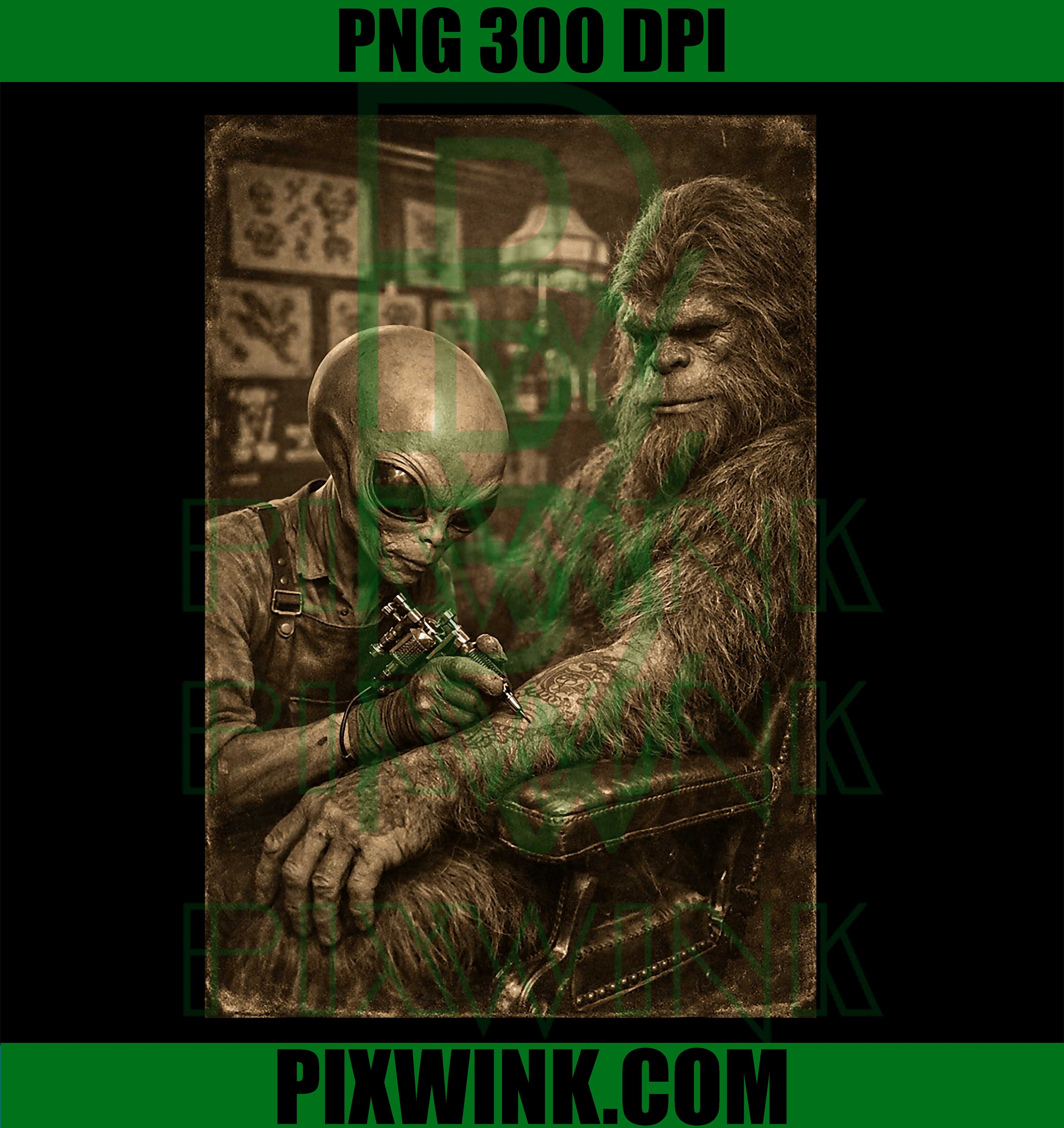 Alien Tattooing Bigfoot, Funny Cryptid, UFO, Sasquatch Lover PNG