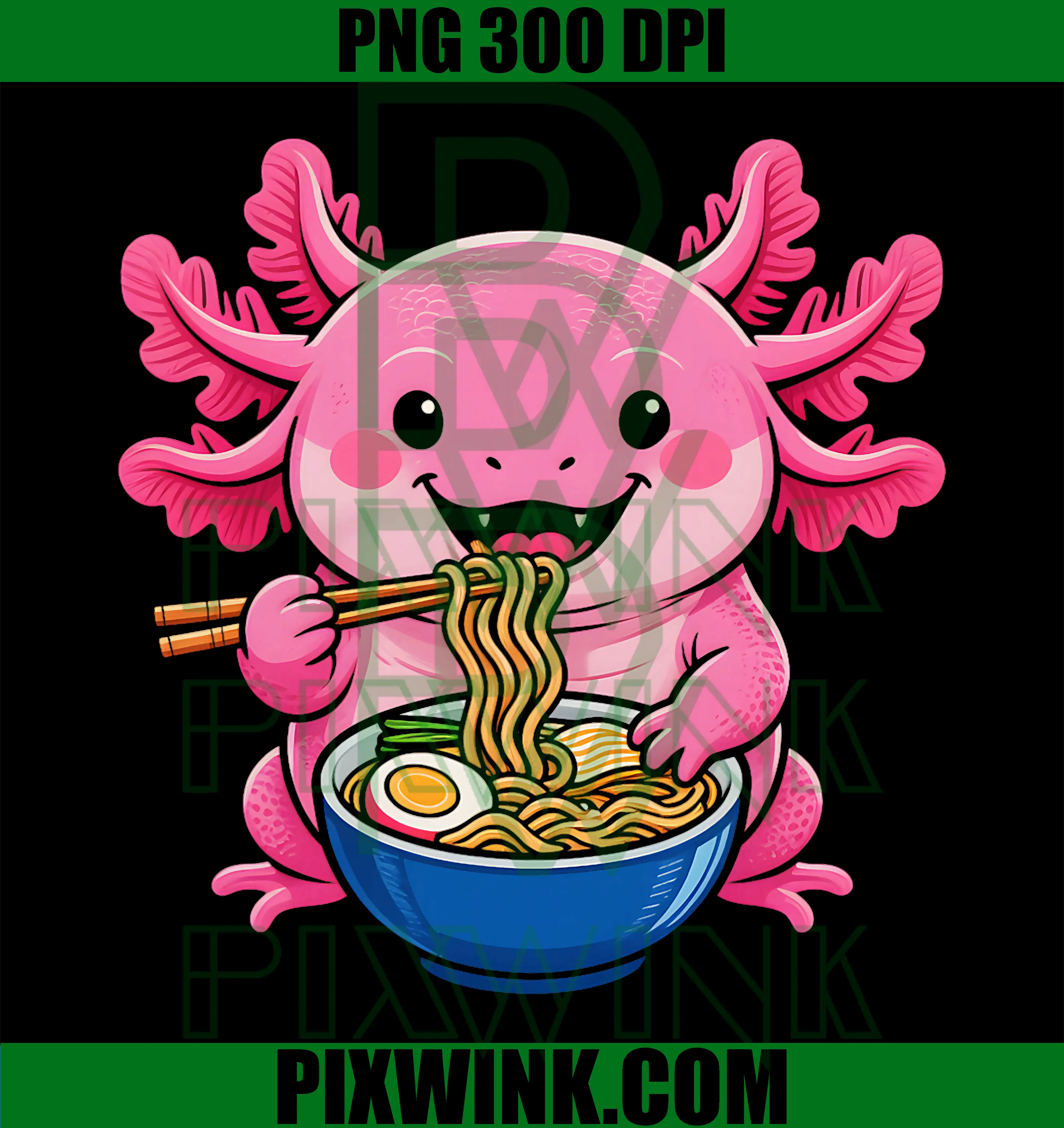 Adorable Cute Pink Kawaii Axolotl Eating Ramen PNG, Cute Foodie PNG
