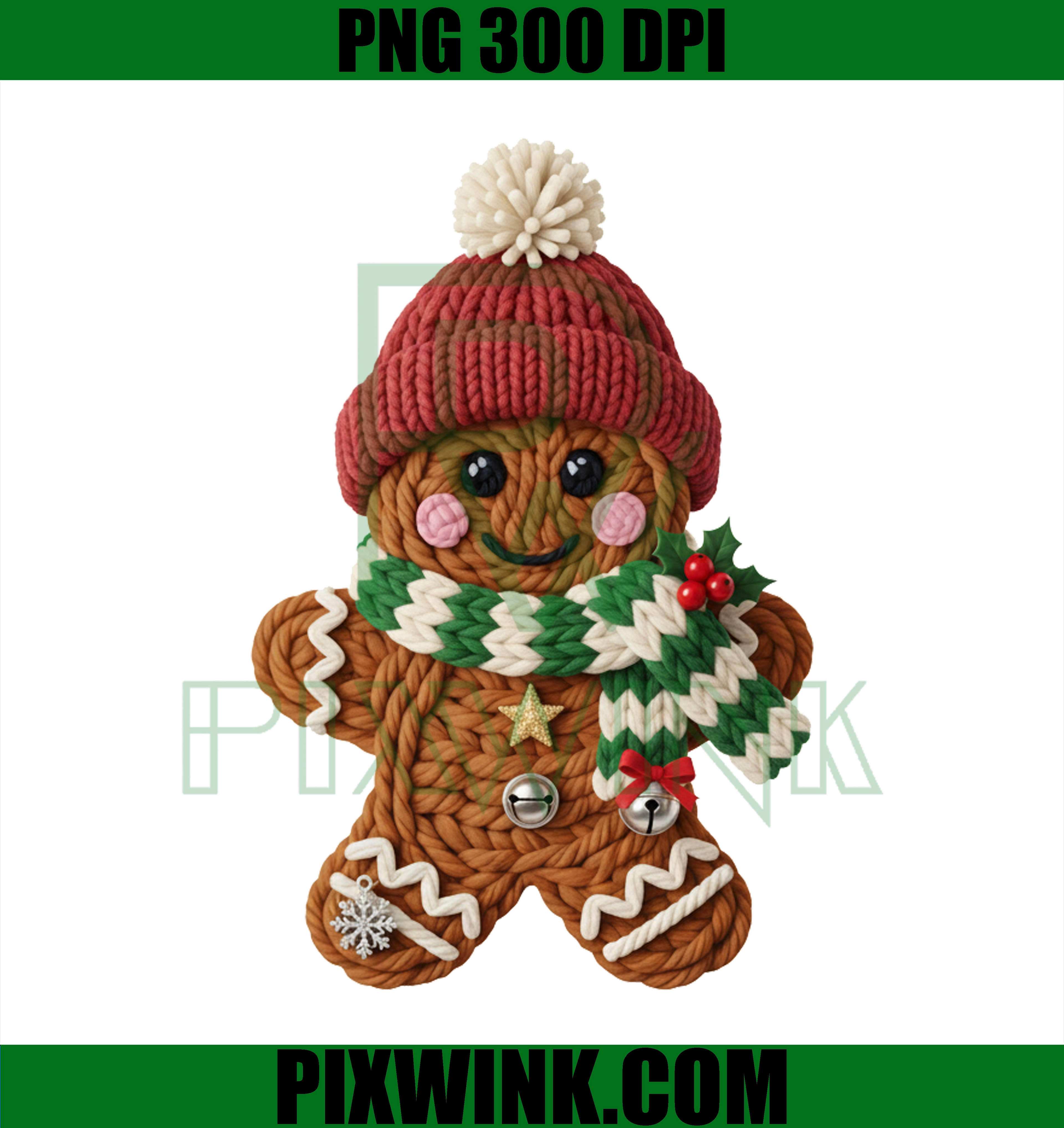 Knitted Gingerbread Cookie PNG, Cute Gingerbread Man Clipart, Xmas Digital Art, Instant Download, 300 DPI High Resolution PNG