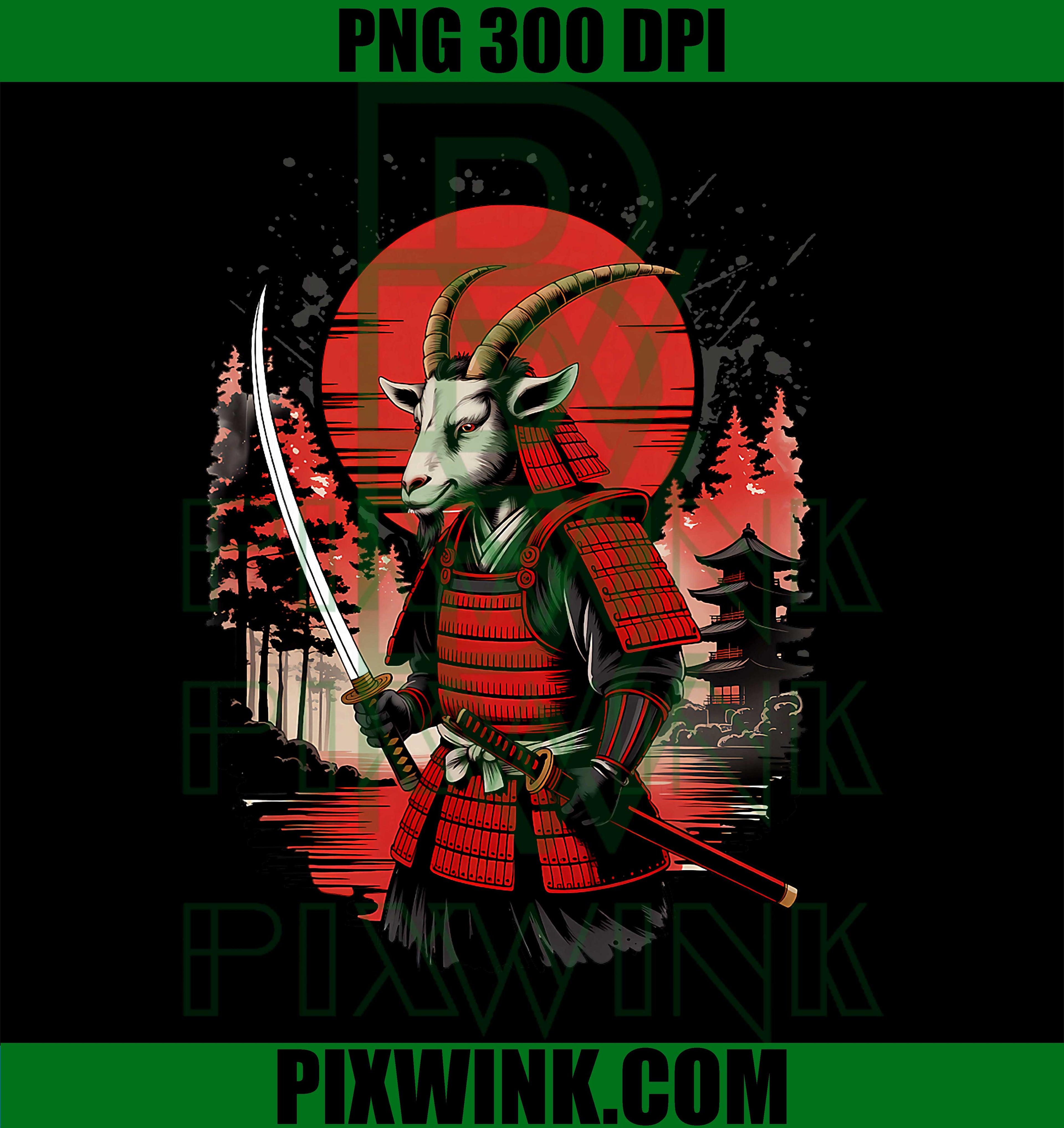 Epic Samurai Goat, Japanese Warrior Dark Ink Art PNG