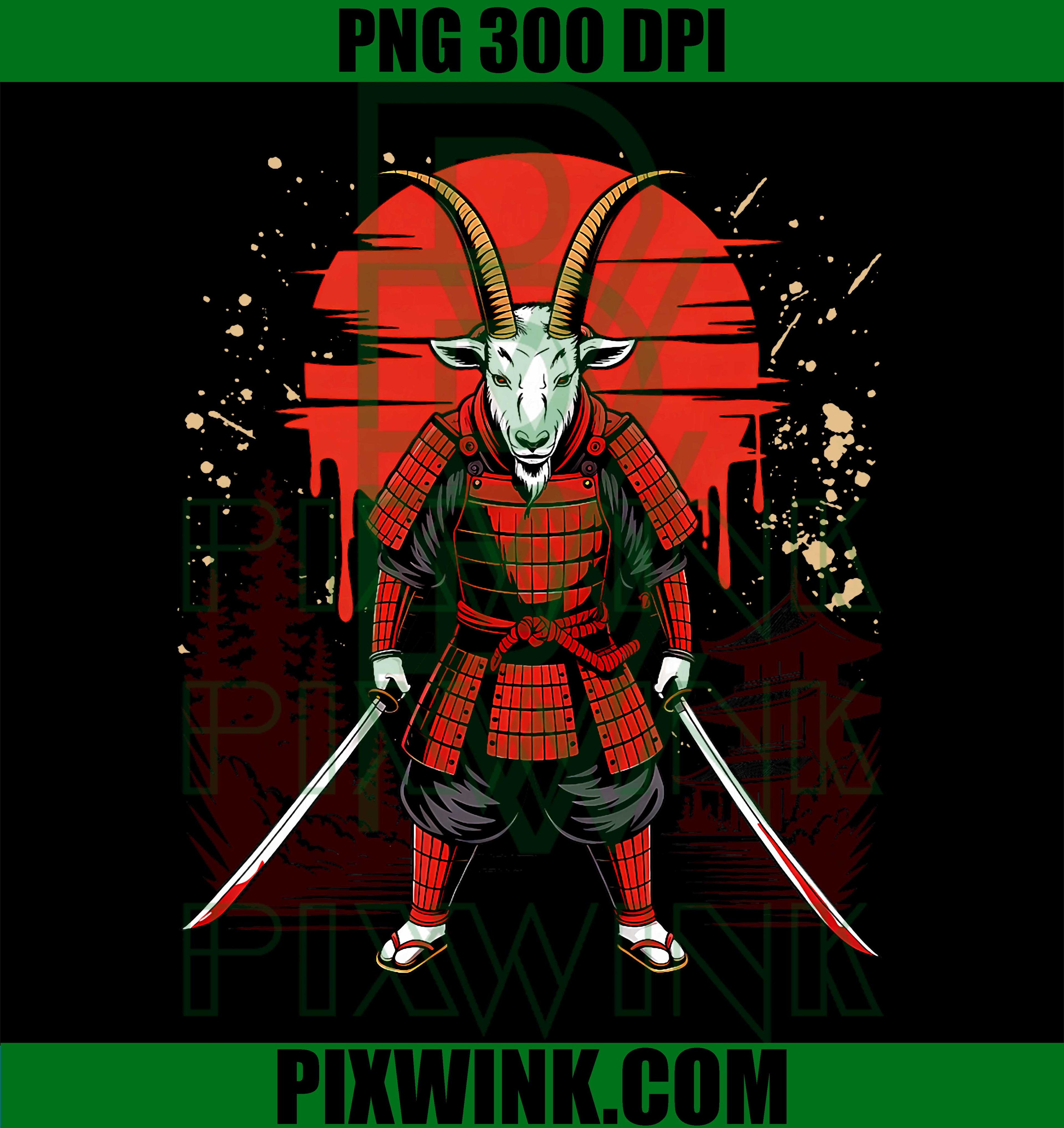 Epic Samurai Goat, Japanese Warrior Dark Ink Art PNG