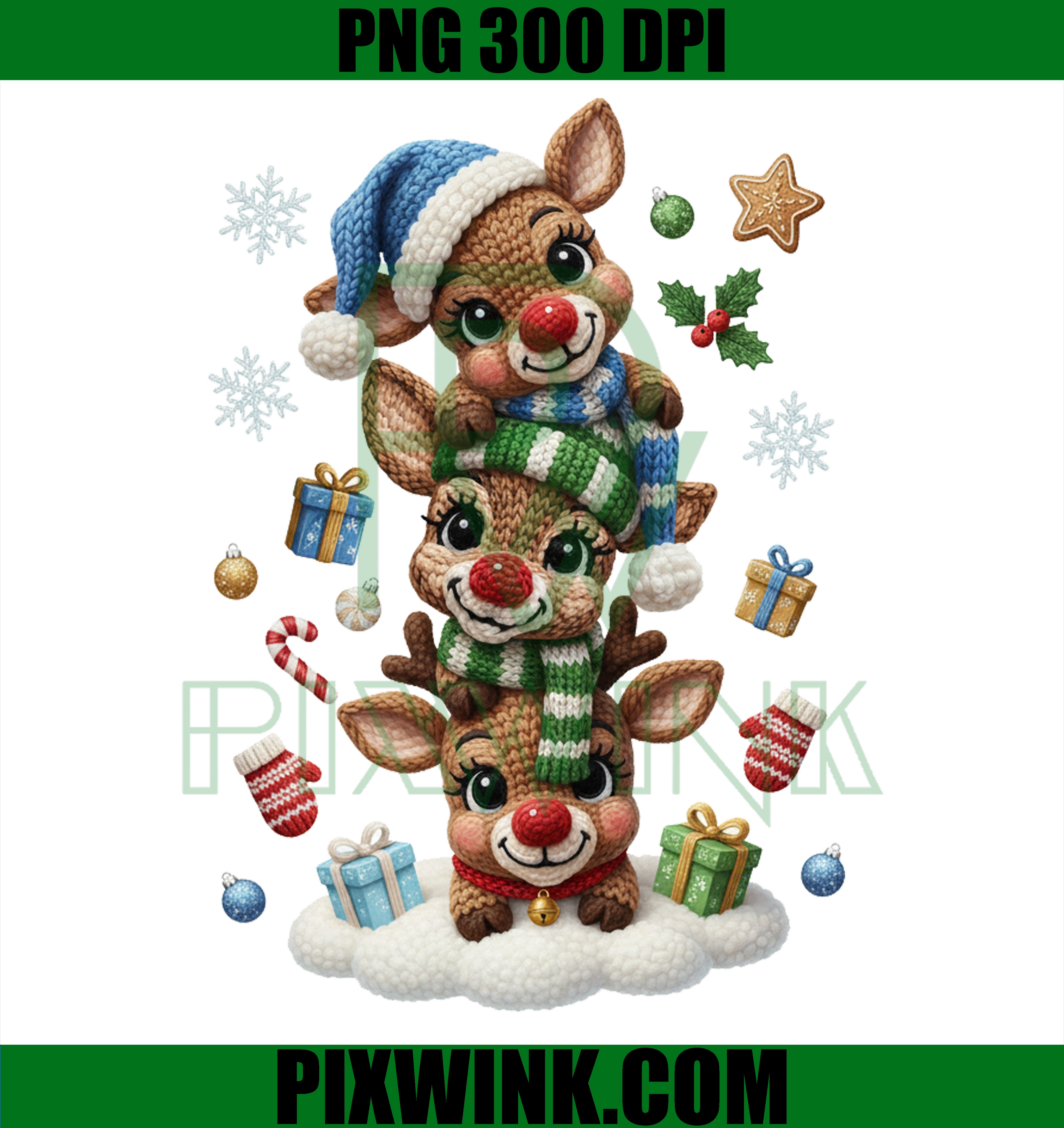 3 Reindeer Stack Holiday Sublimation Design, Cozy Winter Digital Download, 300 DPI PNG
