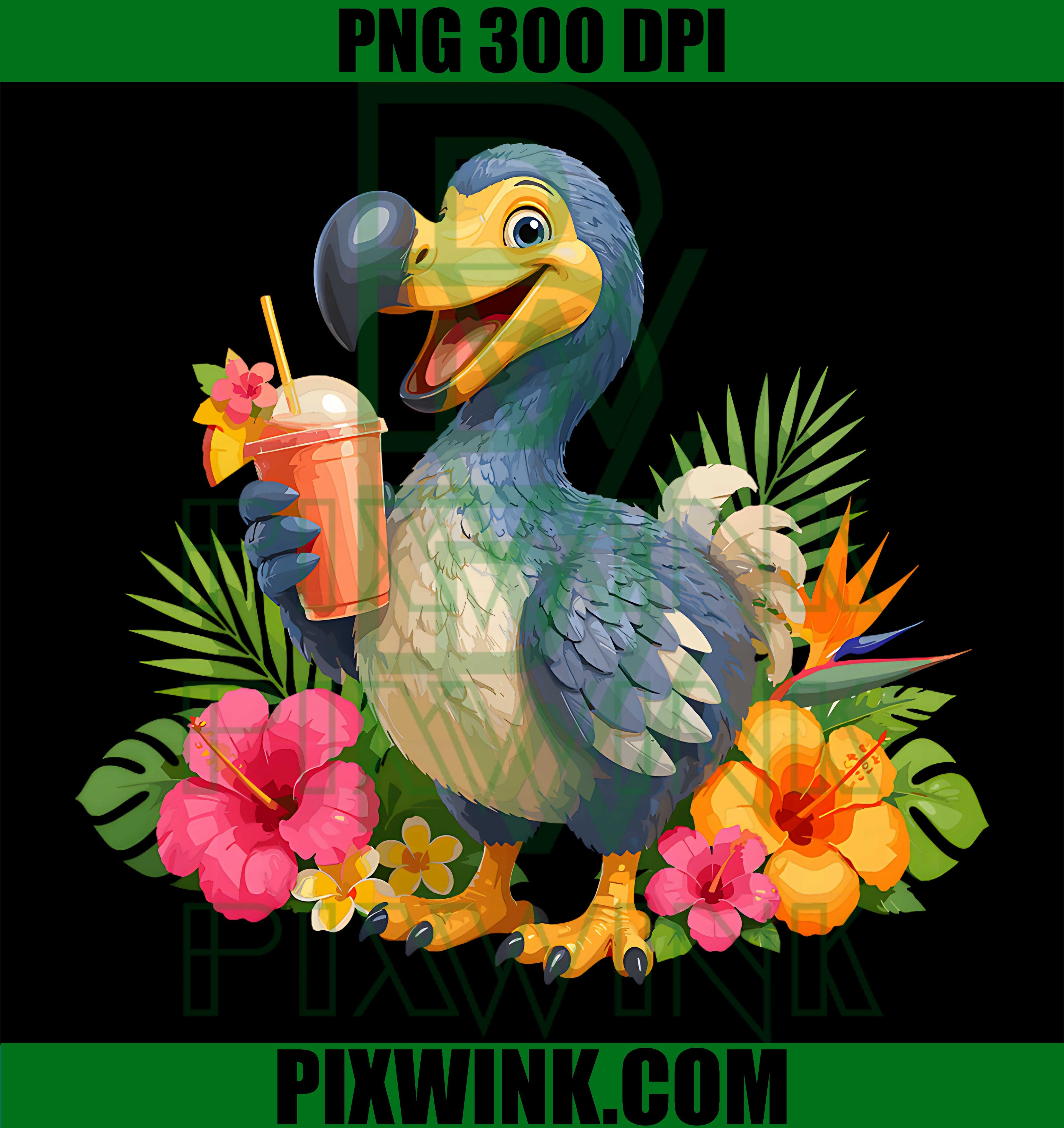 Summer Dodo With Drink Cute Tropical Flowers PNG, Beach Vacation Graphic