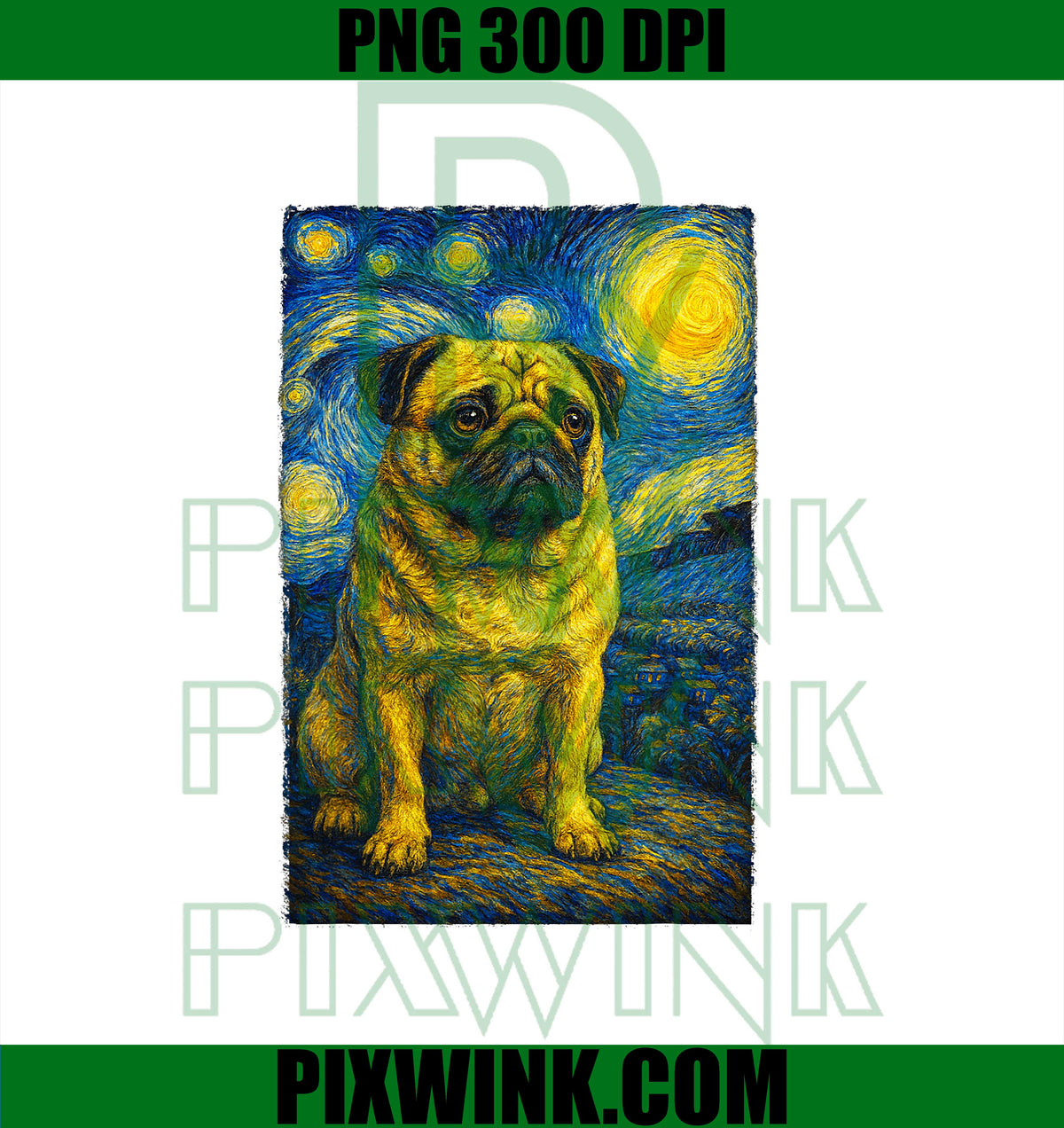 Pug Van Gogh Inspired Starry Night Sky Canine Fan PNG