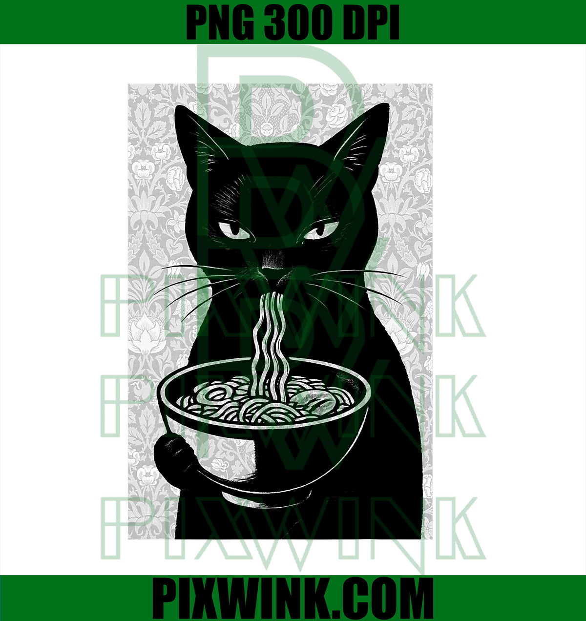 Ramen Cat Black and White Japanese Noir Illustration PNG