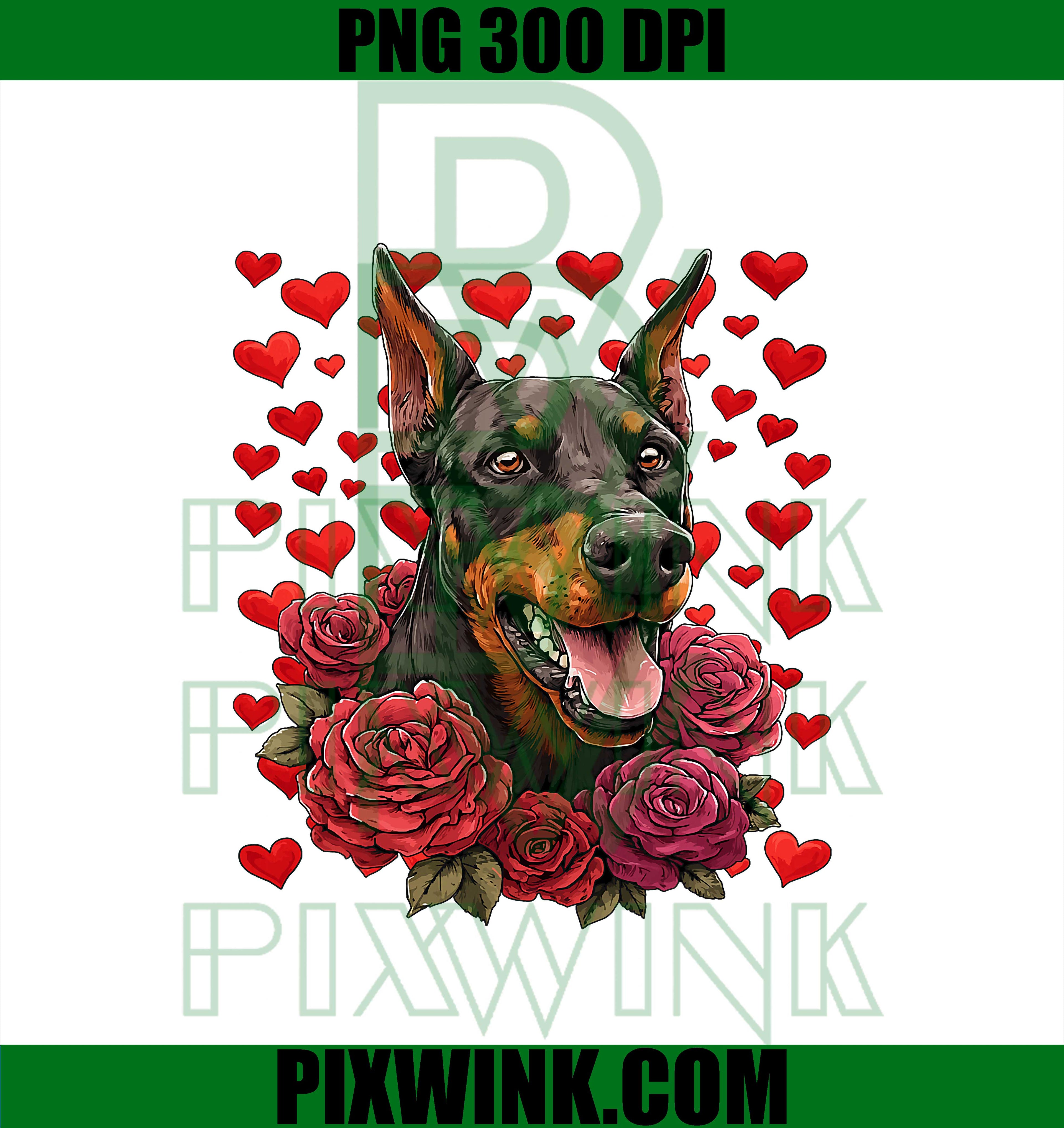 Doberman with Red Roses Hearts Floral PNG, Valentine’s Day Dog PNG