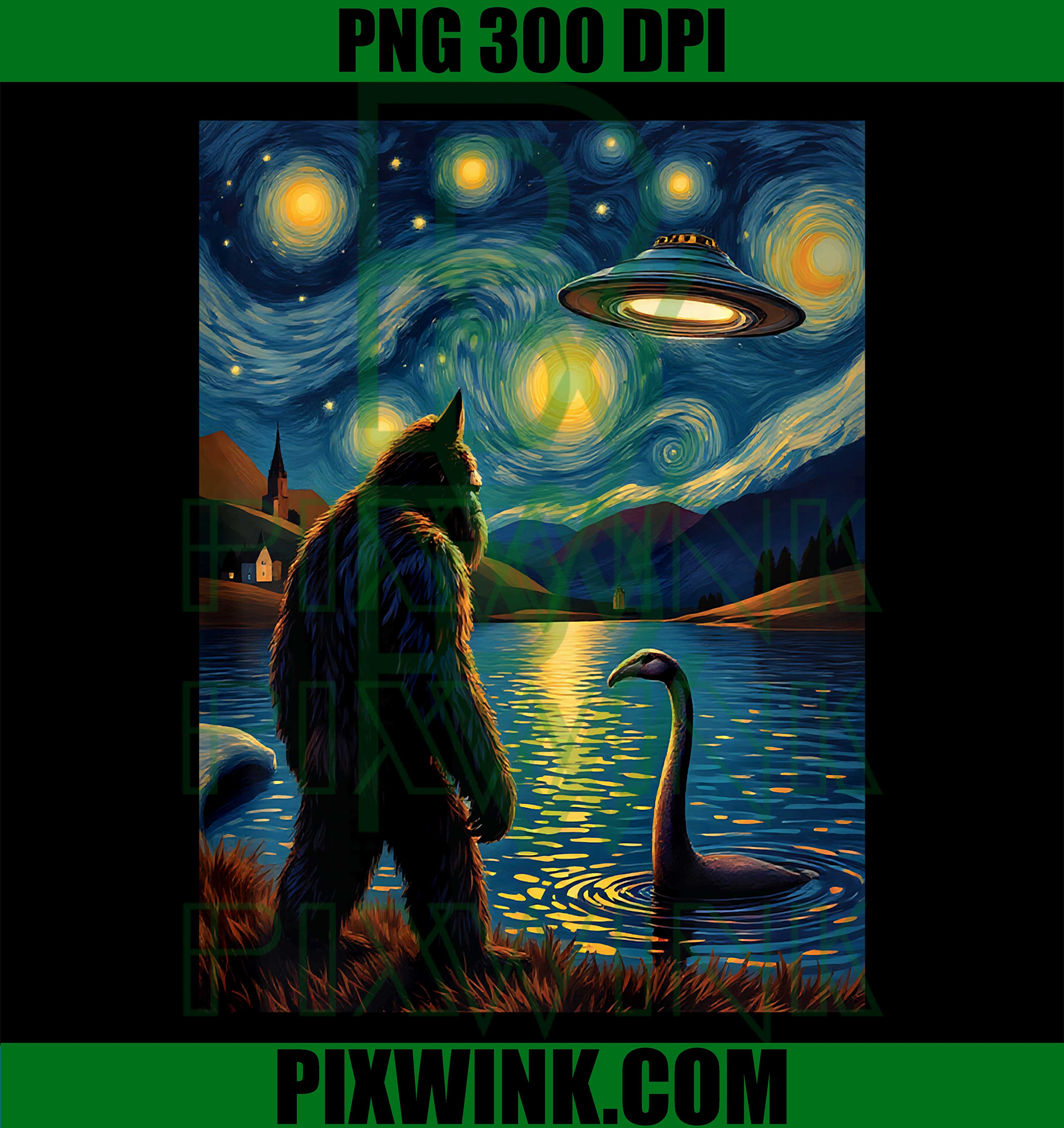 Bigfoot UFO PNG, Van Gogh Style Alien PNG Mystical Encounter Design