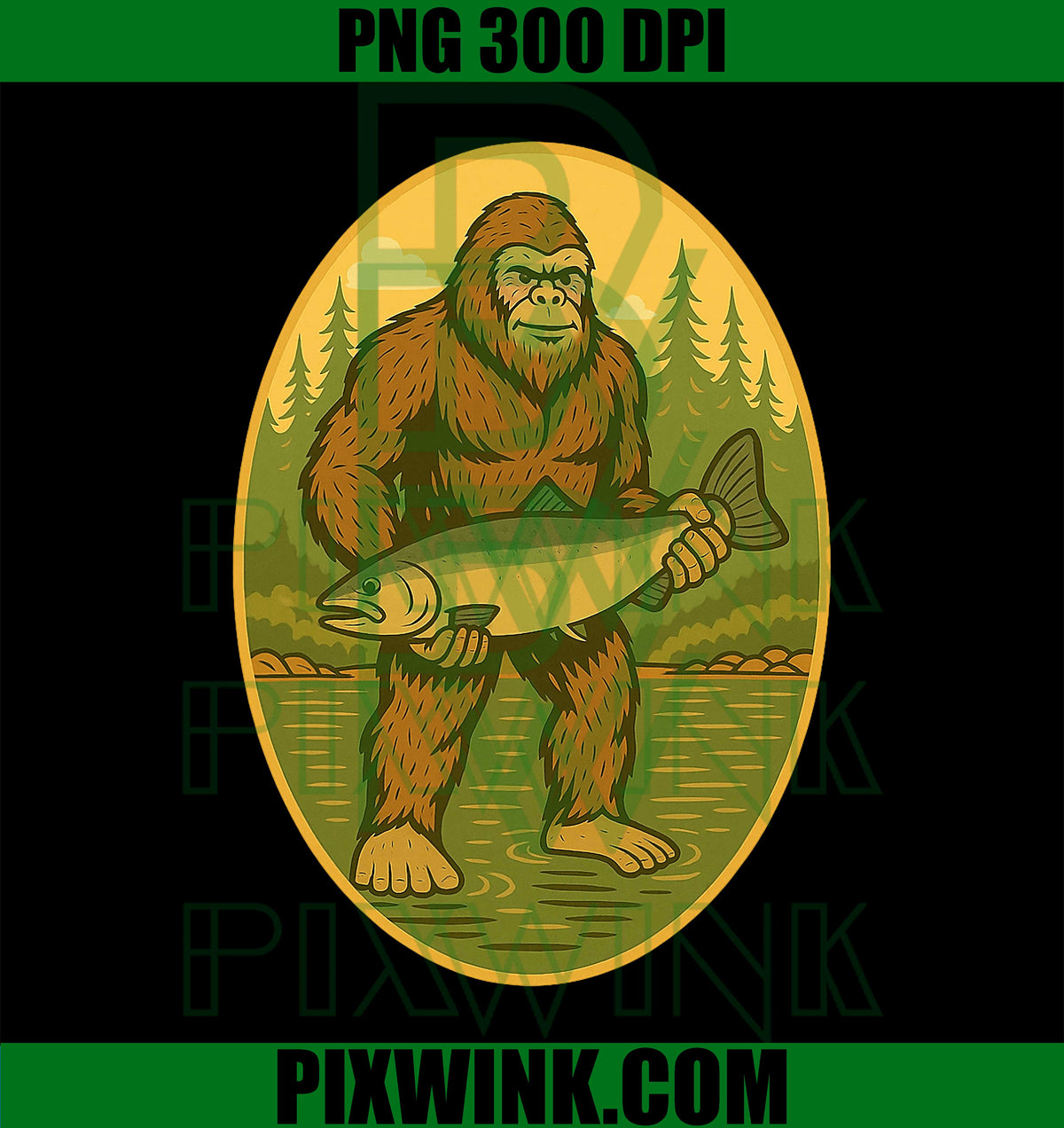 PNW Steelhead Sasquatch Fishing PNG, Big Foot Salmon Fishing PNG
