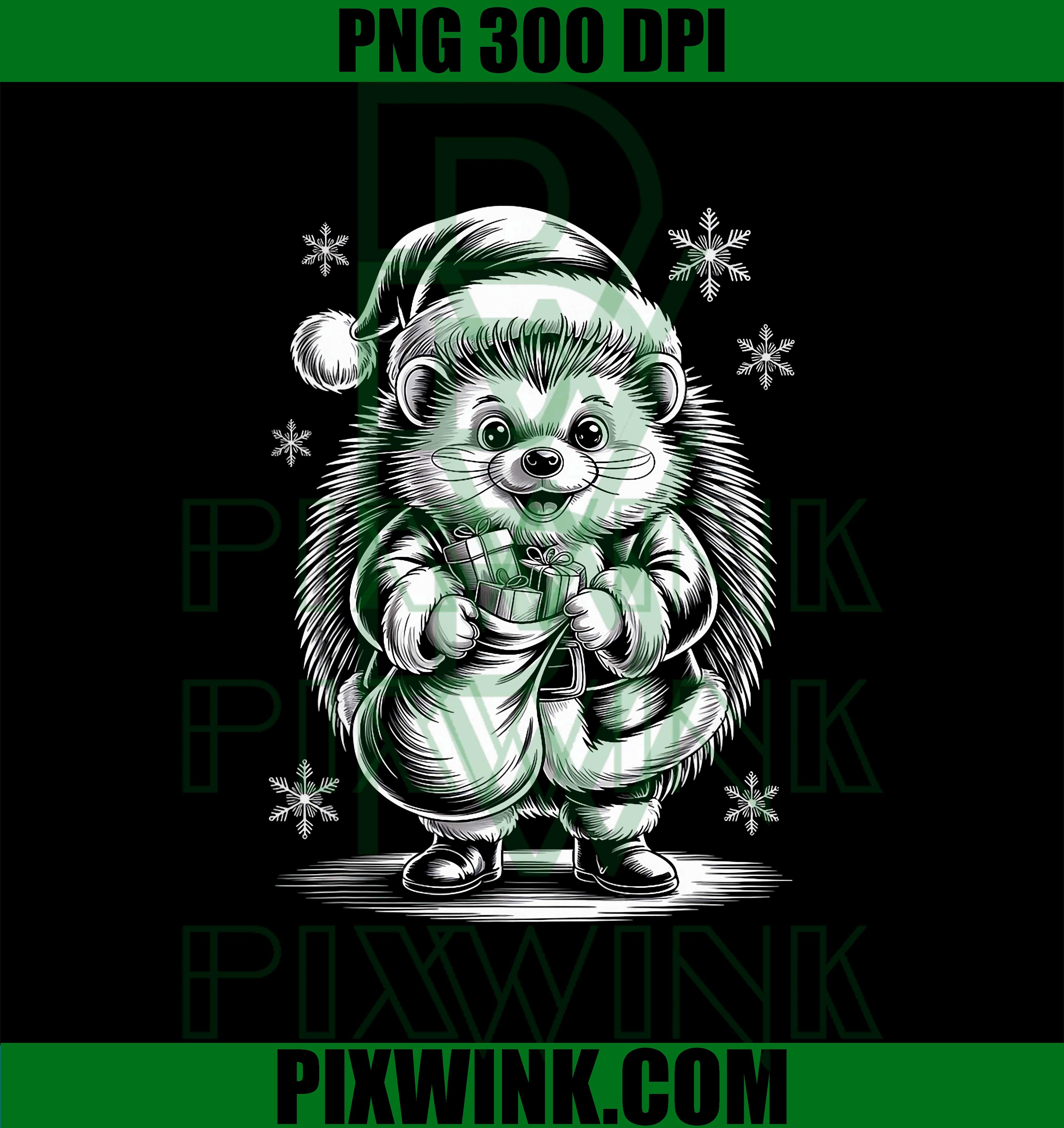 Festive Santa Hedgehog with Packages and Snowflakes PNG