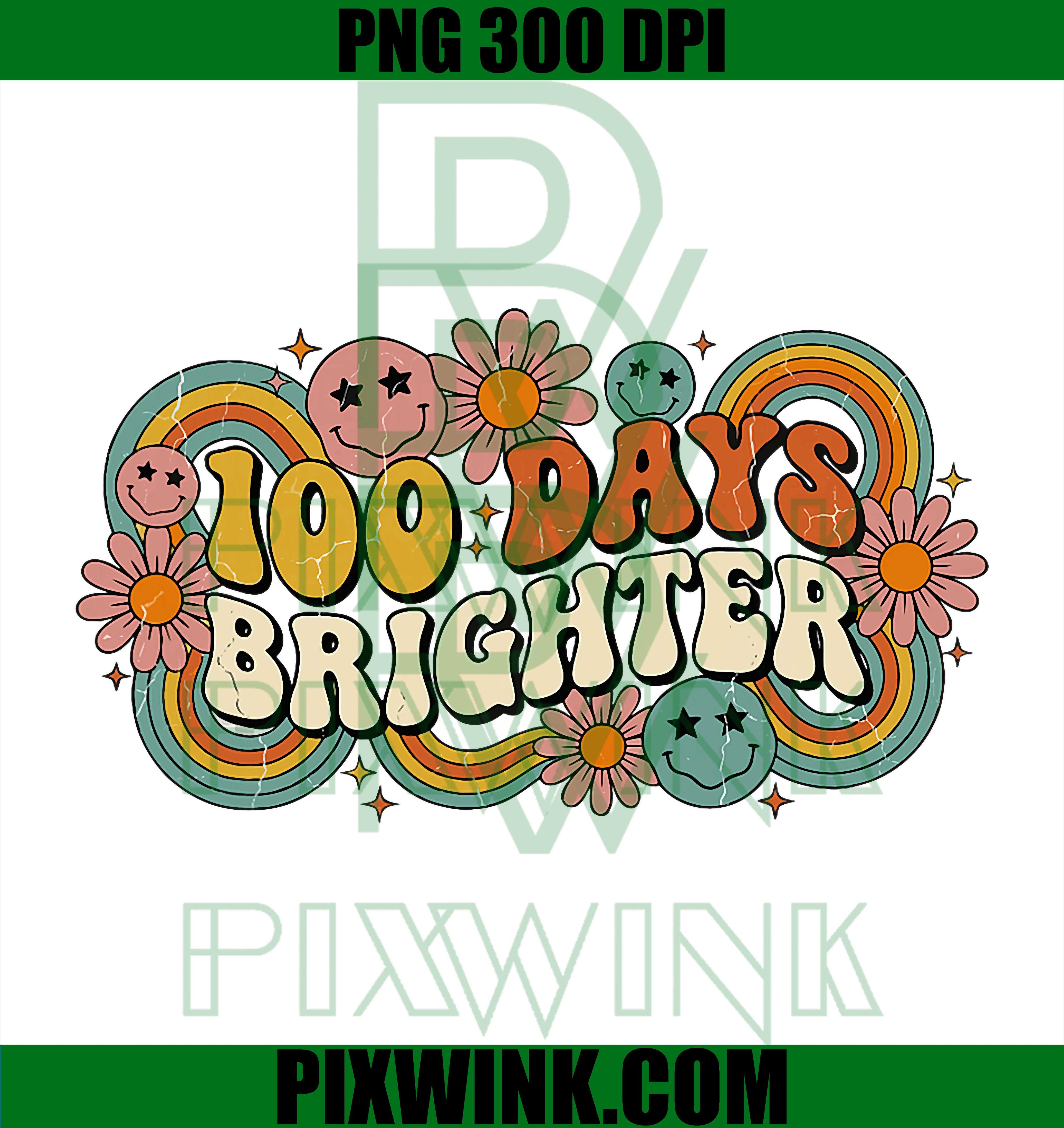 100 Days Brighter PNG, Vintage Groovy Style Teacher Student PNG