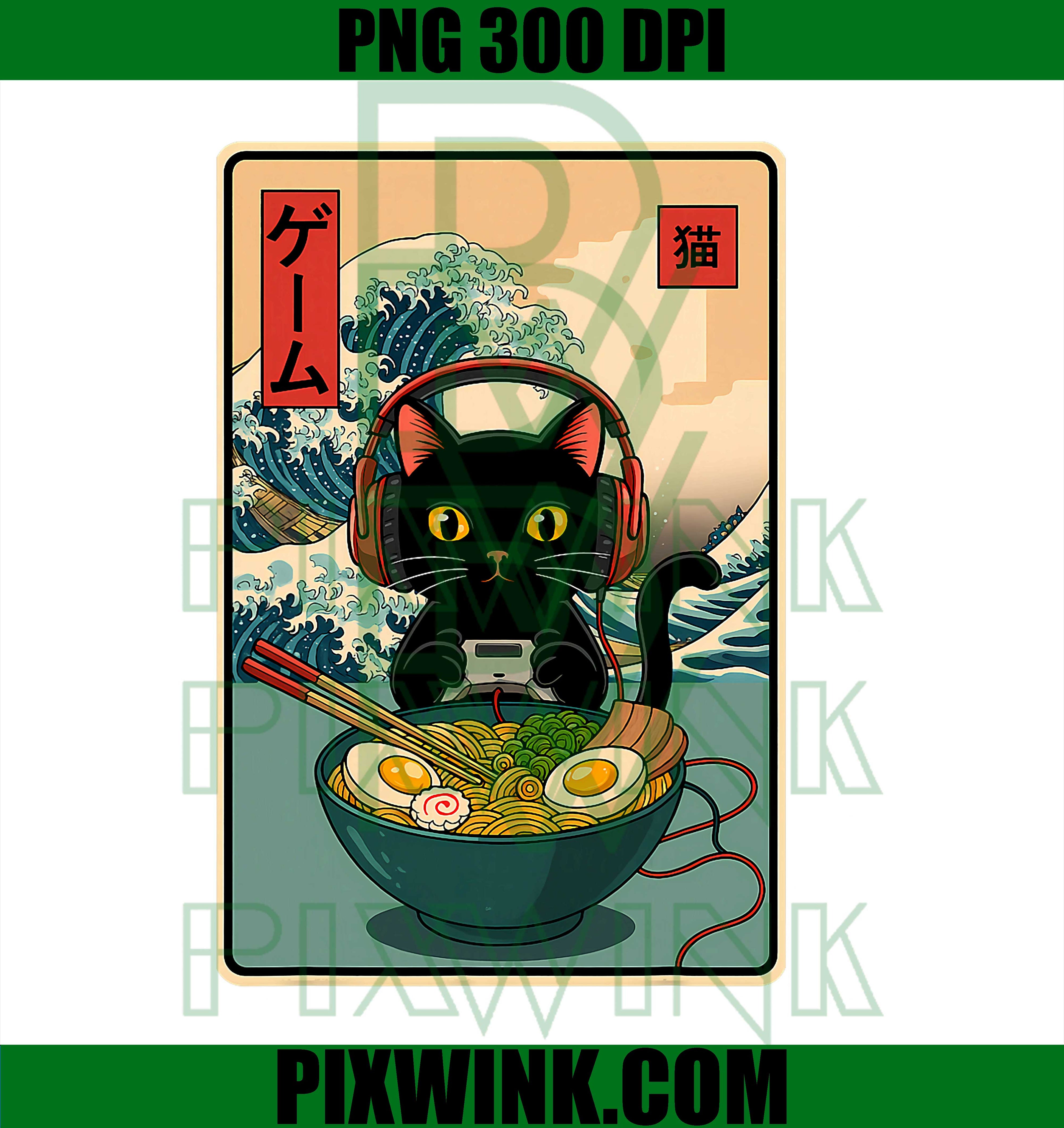 Kawaii Gamer Cat Ramen Retro Japanese, Funny Cat Gaming PNG
