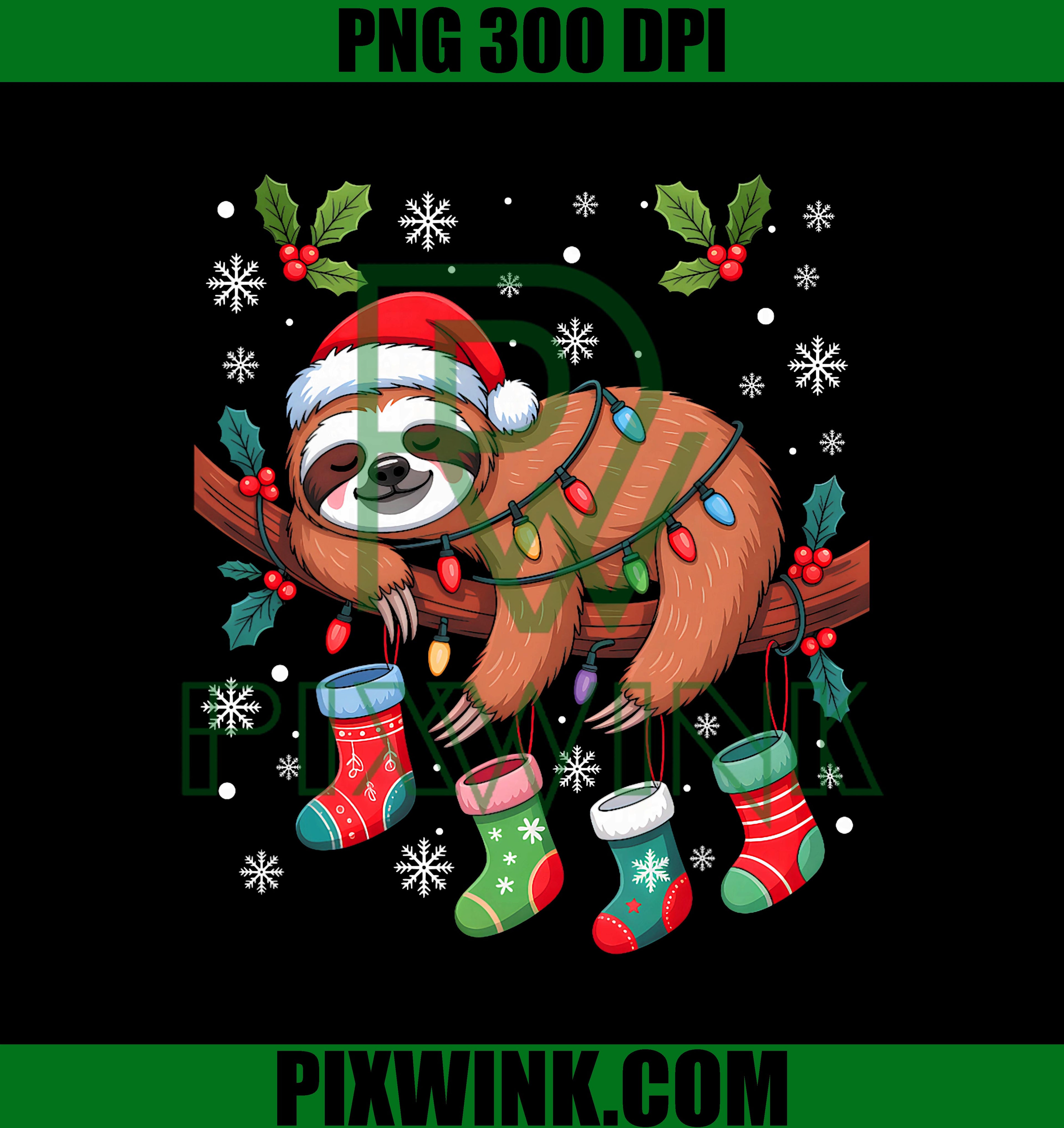 Funny Christmas Sloth Santa Hat Lights Family Xmas Pajamas,Christmas Sloth PNG