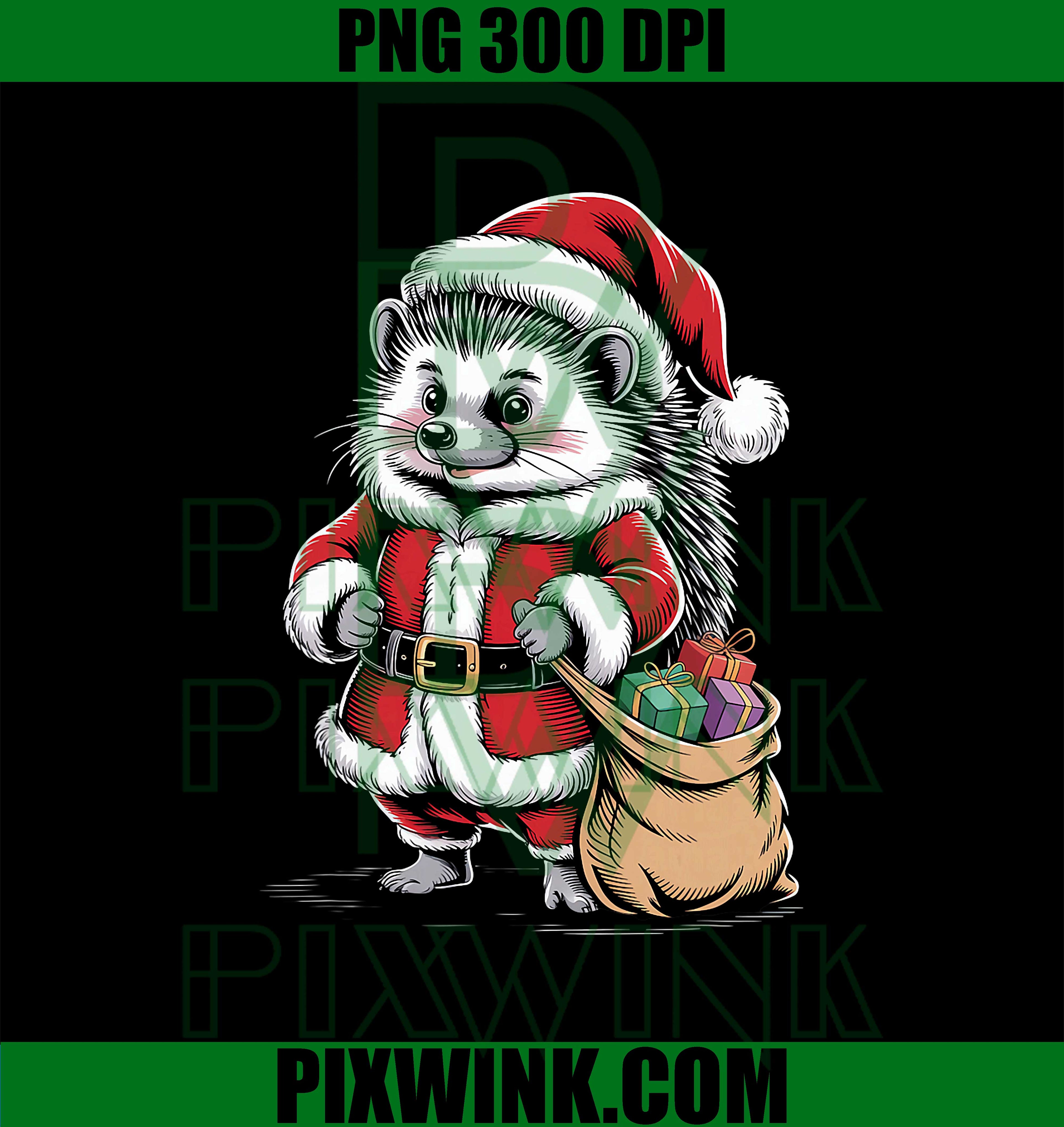 Festive Santa Hedgehog with Sack of Presents PNG