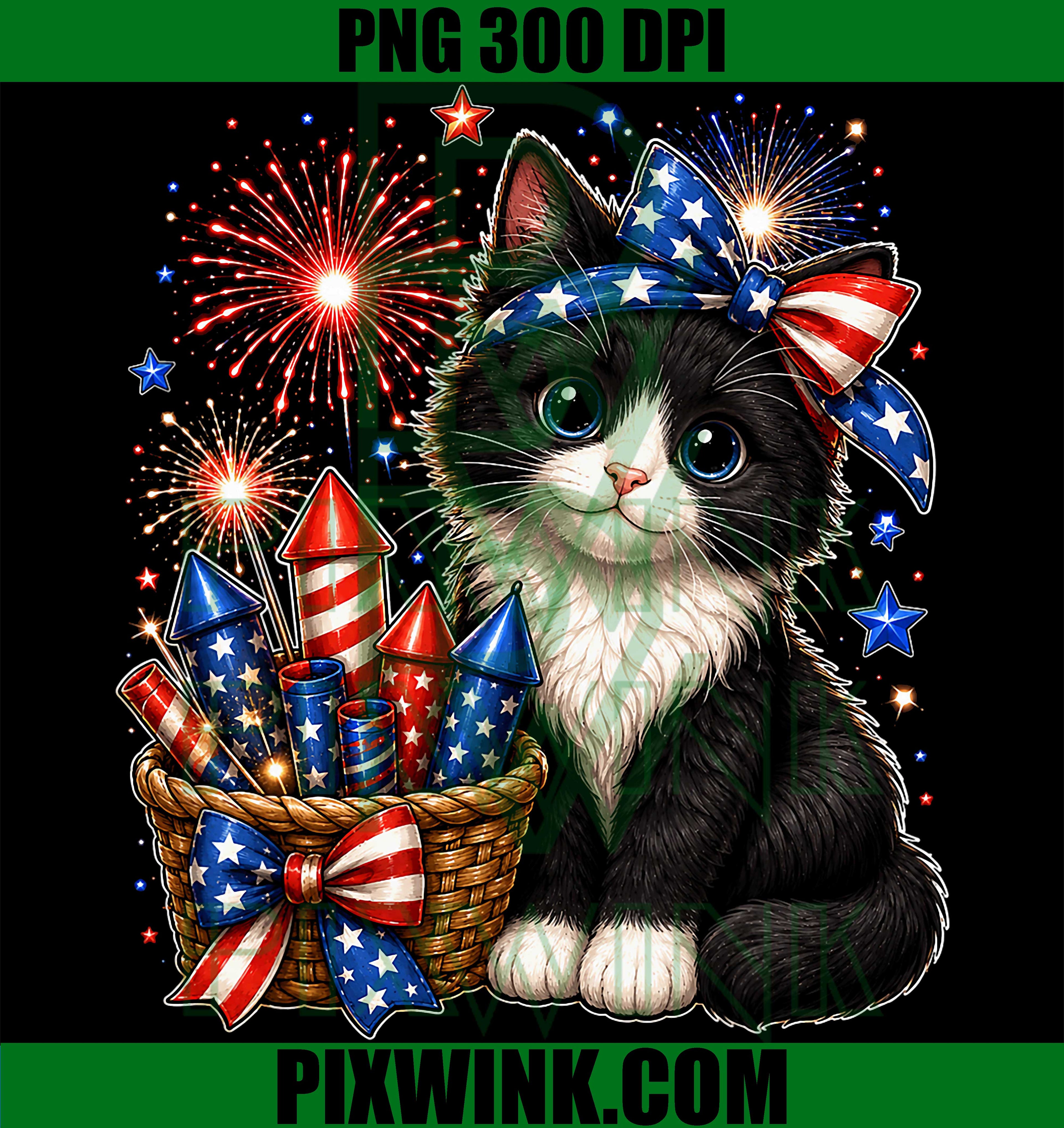 Patriotic Kitten Fireworks PNG, 4th of July Cat USA PNG