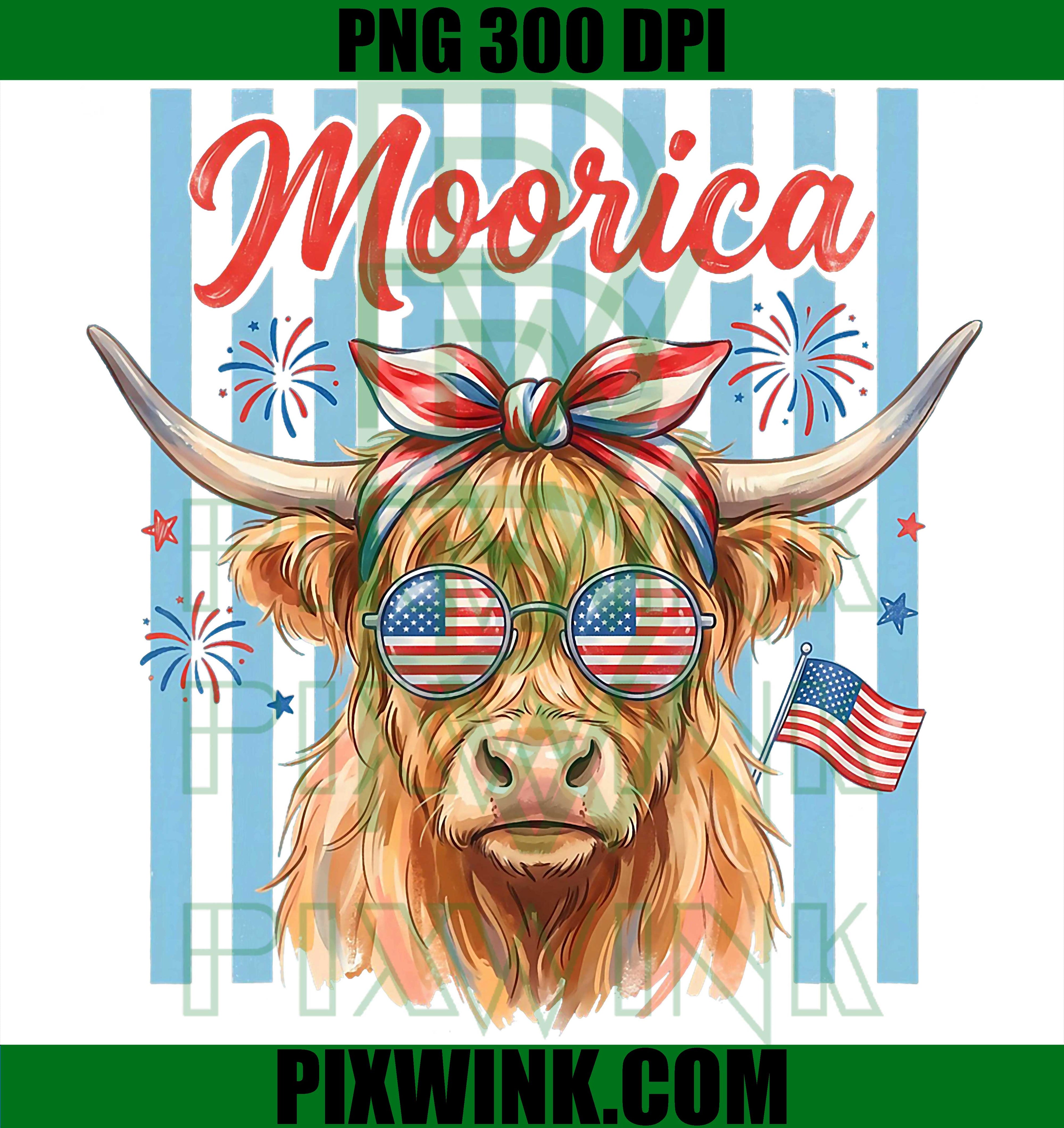 Patriotic Highland Cow PNG, Moorica 4th of July Cow PNG