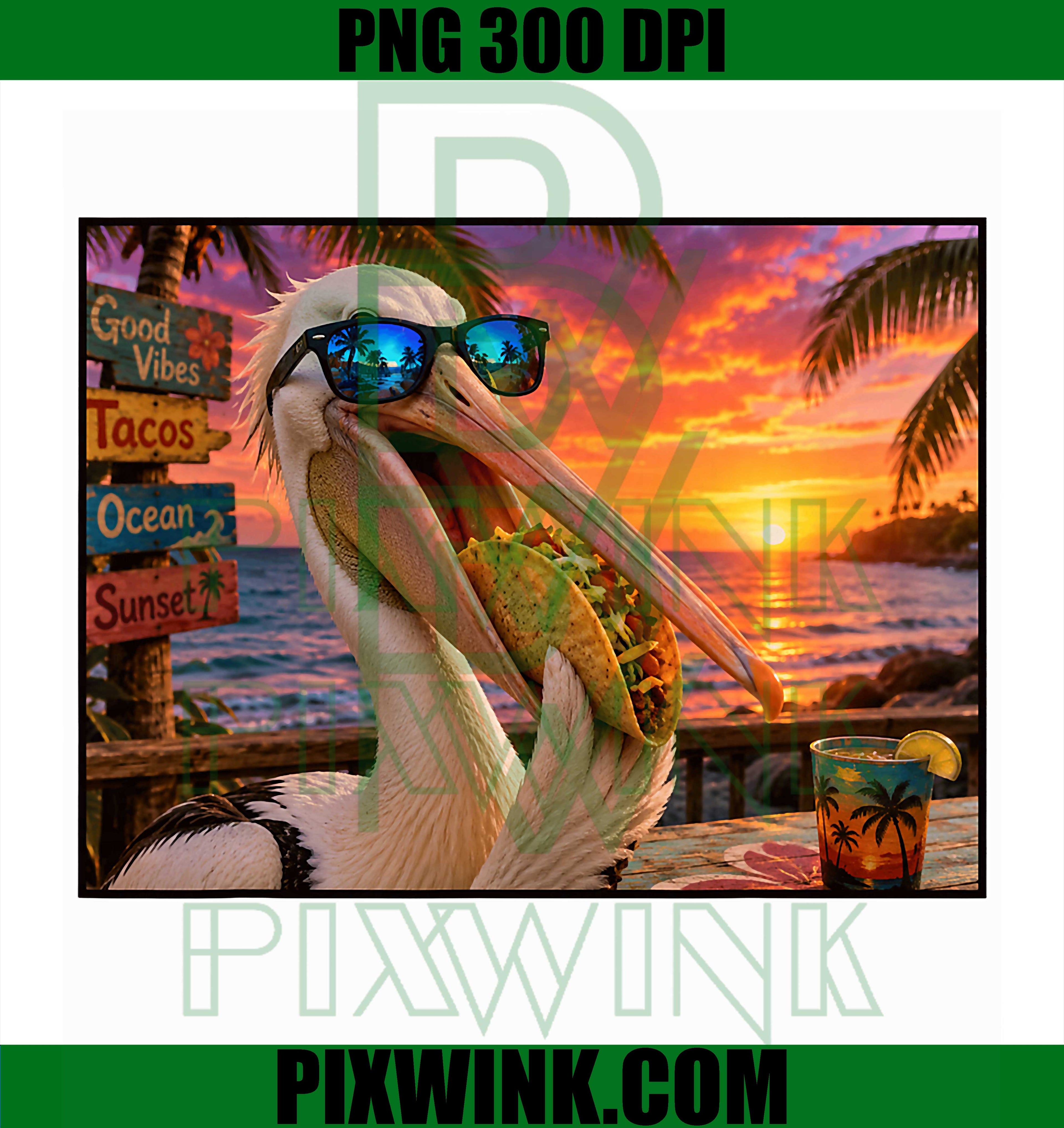 Pelican Taco Sunset PNG, Tropical Beach Bird Art PNG