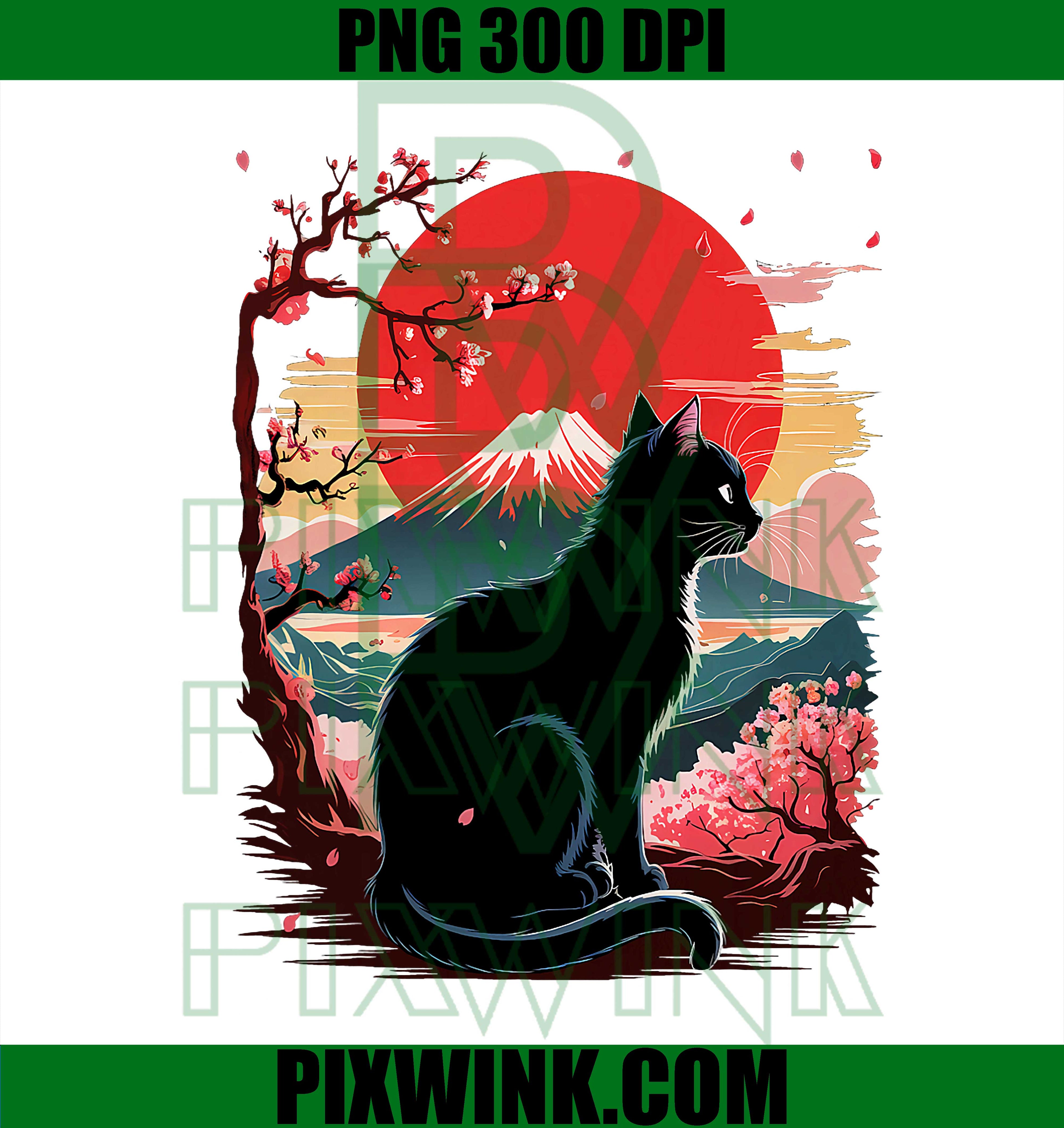 Cat Kawaii Mount Fuji Sakura Zen Japanese Aesthetic Graphic PNG